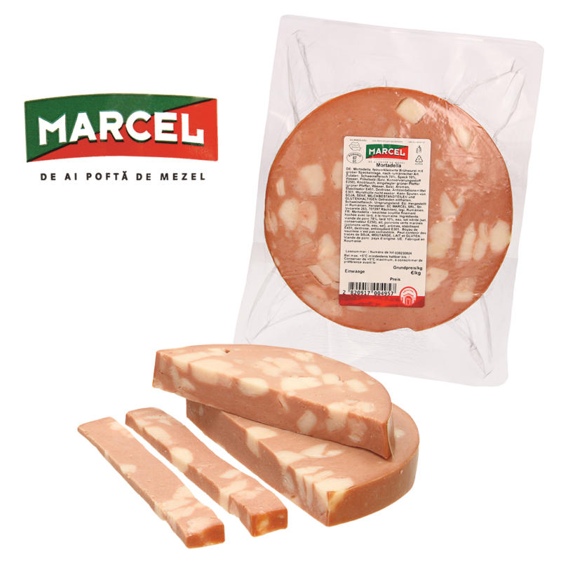 Mortadella - feinzerkleinerte Brühwurst mit grober Speckeinlage, nach rumänischer Art