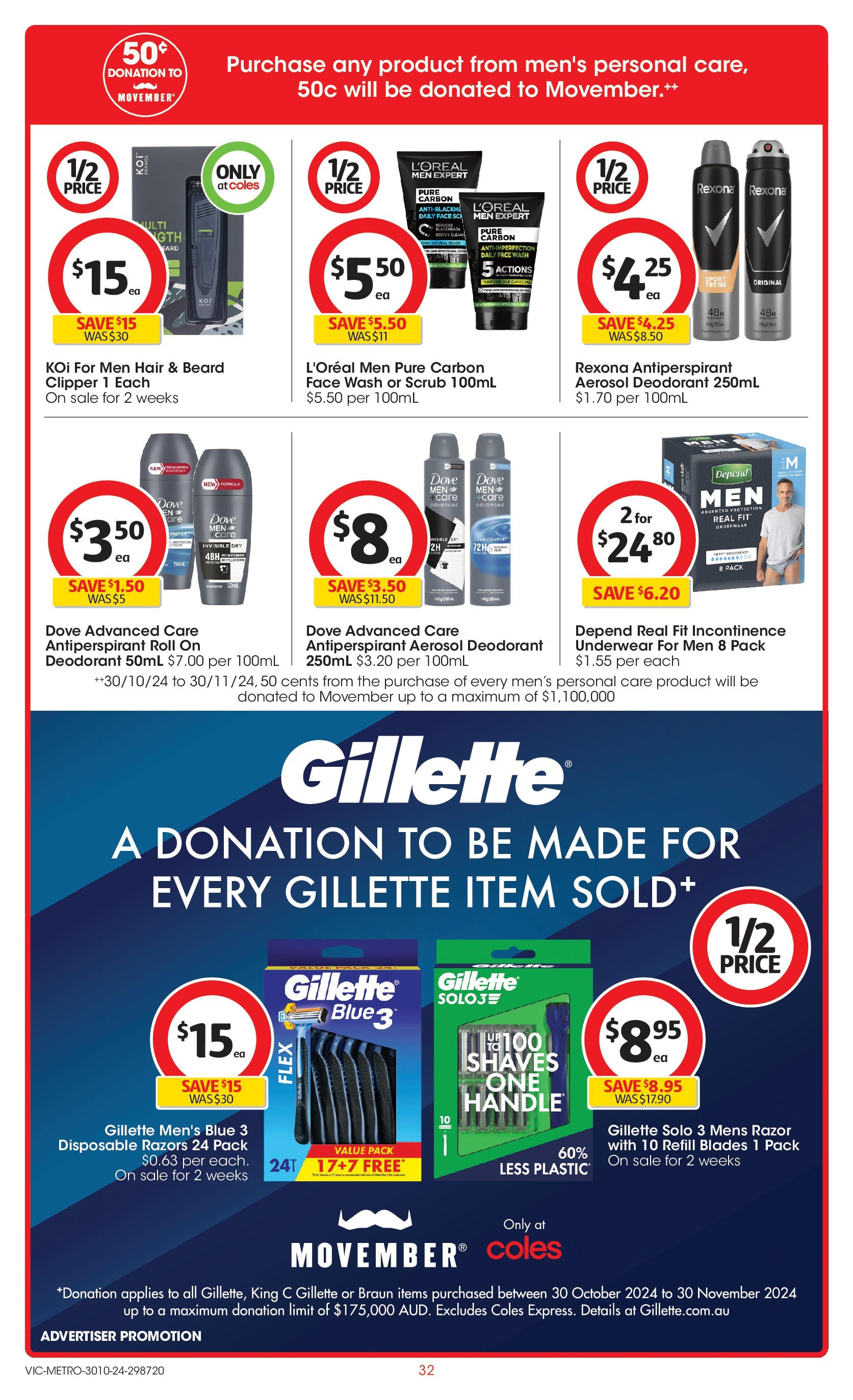 ﻿﻿Coles catalogue valid from 30/10/2024 > Online Australia | Page: 32 | Products: Deodorant, Antiperspirant, Razor, Underwear