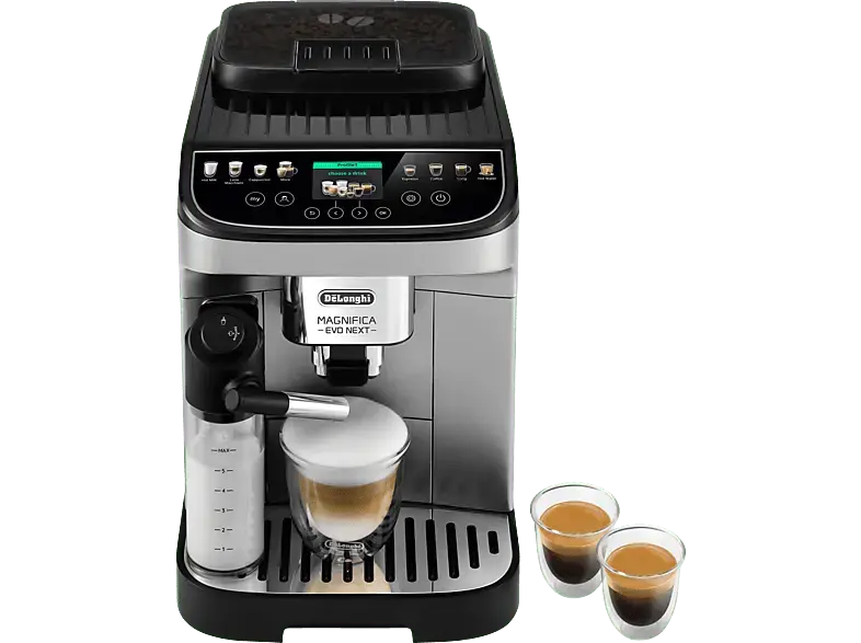 De'Longhi Magnifica Evo Next ECAM310.80.SB Kaffeevollautomat (Silber/Schwarz, Edelstahlmahlwerk mit 13 einstellbaren Mahlgraden, 15 bar, externer Milchbehälter)