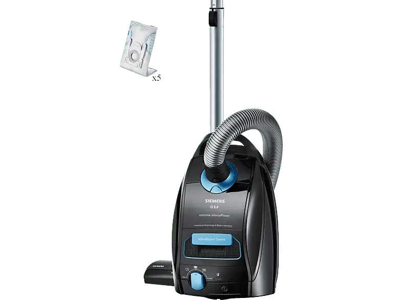 Siemens VSQ 5 X 1238 Q 5.0 Extreme Silencepower Bodenstaubsauger mit Beutel (70 dB(A), maximale Leistung: 850 Watt, Schwarz