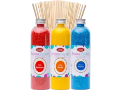 Hopser Funfood Fun Zucker für Zuckerwatte 3 x 230 Gramm Zuckerwattemaschine Inklusive 50 Zuckerwattestäbe (Set 1 Erdbeer, Vanille, Kaugummi + Stäbe); Partyset