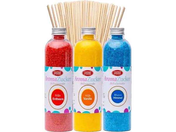 Hopser Funfood Fun Zucker für Zuckerwatte 3 x 230 Gramm Zuckerwattemaschine Inklusive 50 Zuckerwattestäbe (Set 1 Erdbeer, Vanille, Kaugummi + Stäbe); Partyset