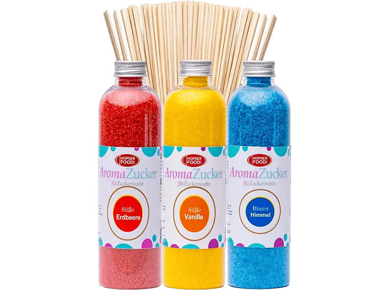 Hopser Funfood Fun Zucker für Zuckerwatte 3 x 230 Gramm Zuckerwattemaschine Inklusive 50 Zuckerwattestäbe (Set 1 Erdbeer, Vanille, Kaugummi + Stäbe); Partyset