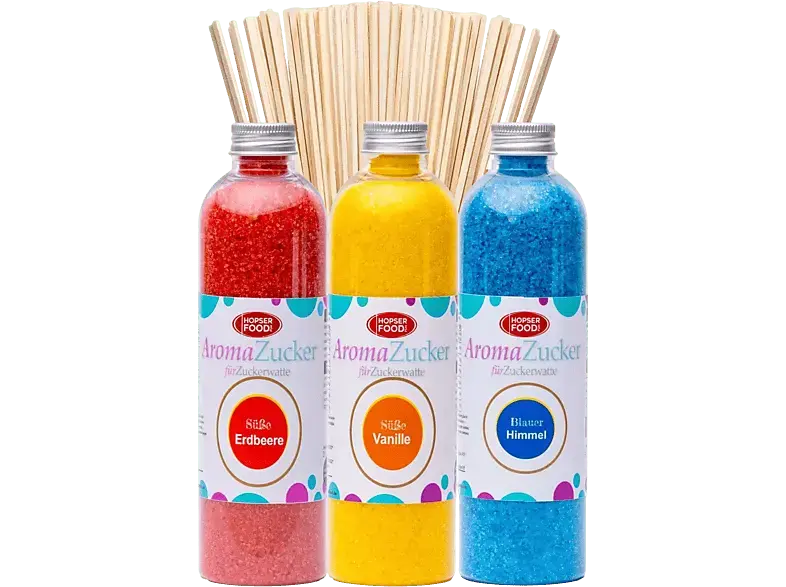 Hopser Funfood Fun Zucker für Zuckerwatte 3 x 230 Gramm Zuckerwattemaschine Inklusive 50 Zuckerwattestäbe (Set 1 Erdbeer, Vanille, Kaugummi + Stäbe); Partyset