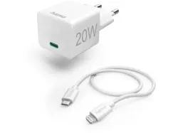 Hama Schnellladegerät mit Ladekabel Lightning, Mini-Ladegerät, PD, 20W, 1m, Weiß; USB C Netzteil
