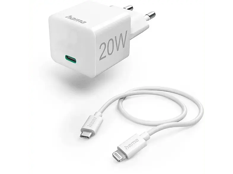 Hama Schnellladegerät mit Ladekabel Lightning, Mini-Ladegerät, PD, 20W, 1m, Weiß; USB C Netzteil
