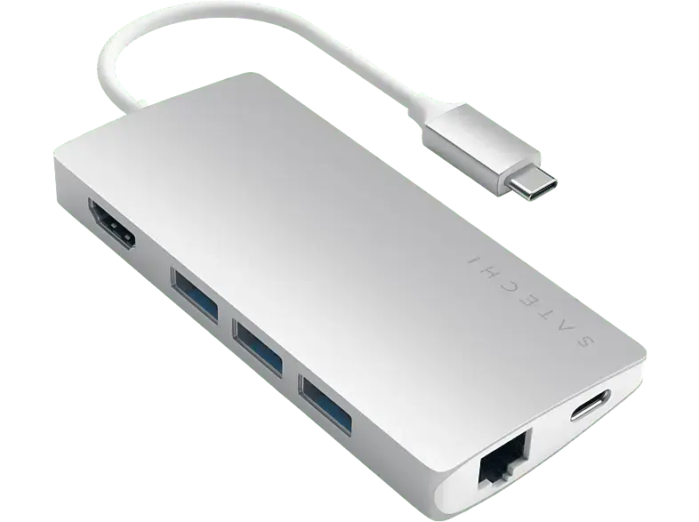 SATECHI Multi-Port Adapter USB-C Hub, 4K60Hz HDMI 2.0, PD 60W, USB 3.0, RJ45, SD/Micro-SD, Silber; USB Hub