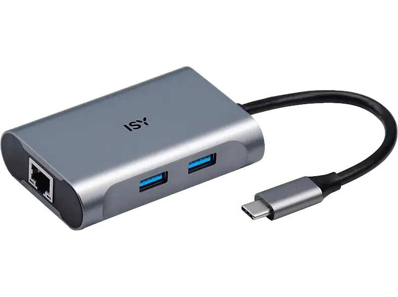ISY Adapter IAD-1018 USB-C 3-in-1 Hub auf 2x USB 3.0 Typ-A, 1x Gb-LAN, 100W PD, Silber