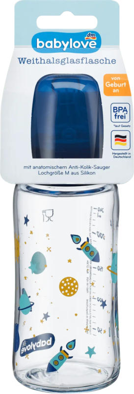 babylove Babyflasche Weithals aus Glas, blau, von Geburt an, 240 ml