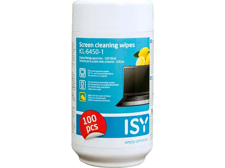 ISY Reinigungstücher für Bildschirme, 100 Stück, Zitronenduft (ICL-6450-1)