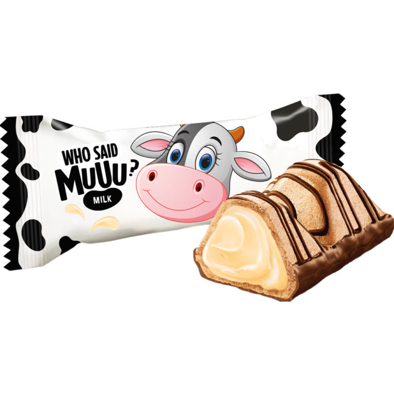 Who said MUUU - Gefülltes Waffelkonfekt 12,8% mit Milchfüllung 61% und mit Milchschokolade teilweise umhüllt und dekoriert. Milchschokolade enthält neben Kakaobutter auch pflanzliche Fette. Kakao in Milchschokolade: mindestens 34% /lose