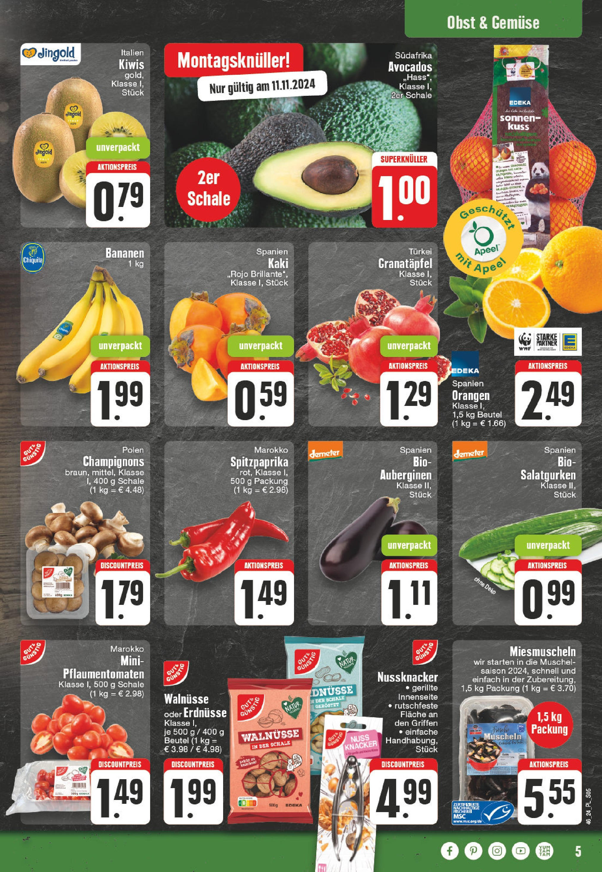 Edeka - E center: Wochenangebote (ab 10.11.2024) » Angebote Online | Seite: 5 | Produkte: Granatapfel, Walnüsse, Bananen, Obst