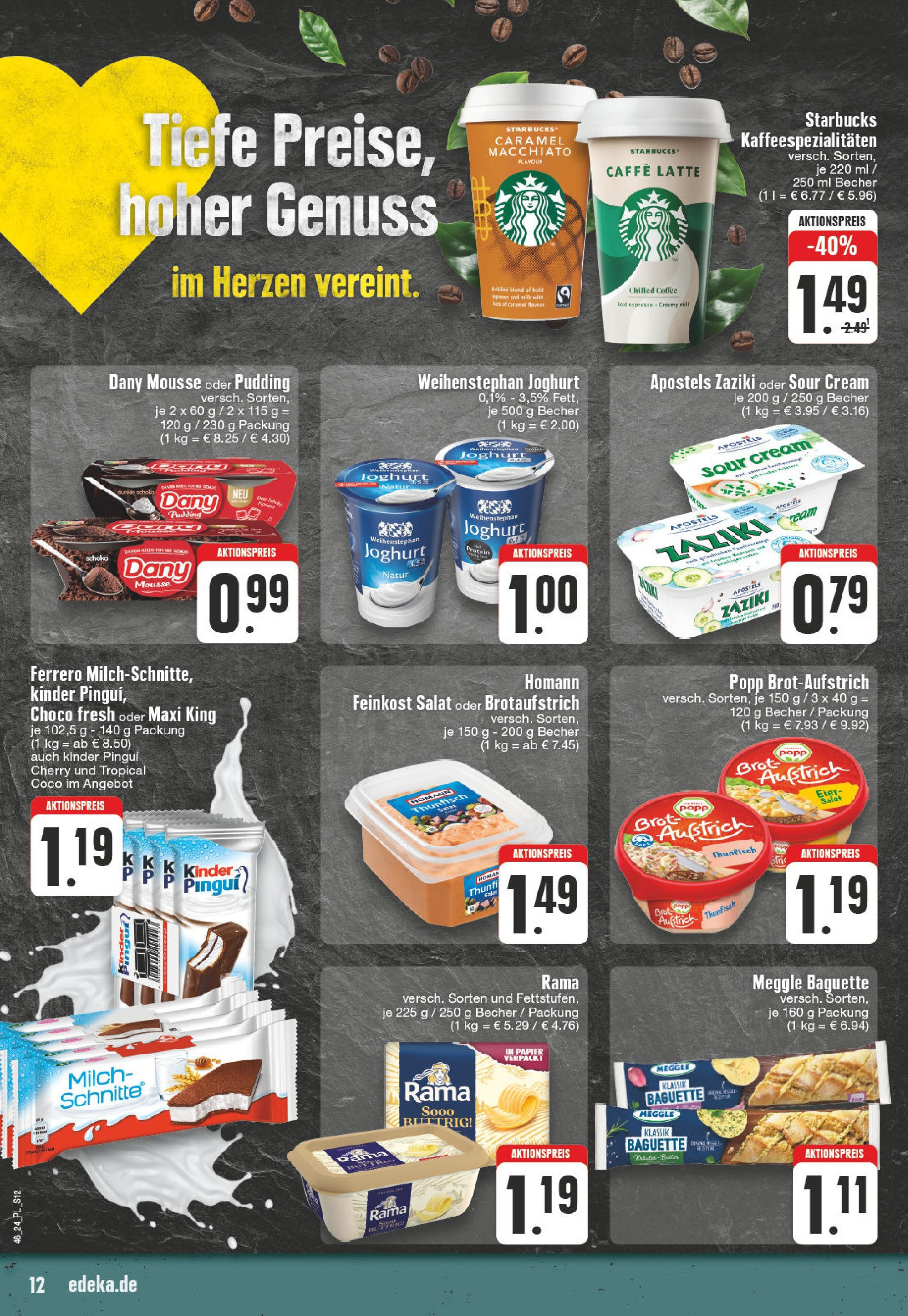 Edeka - E center: Wochenangebote (ab 10.11.2024) » Angebote Online | Seite: 12 | Produkte: Milch, Thunfisch, Starbucks, Baguette