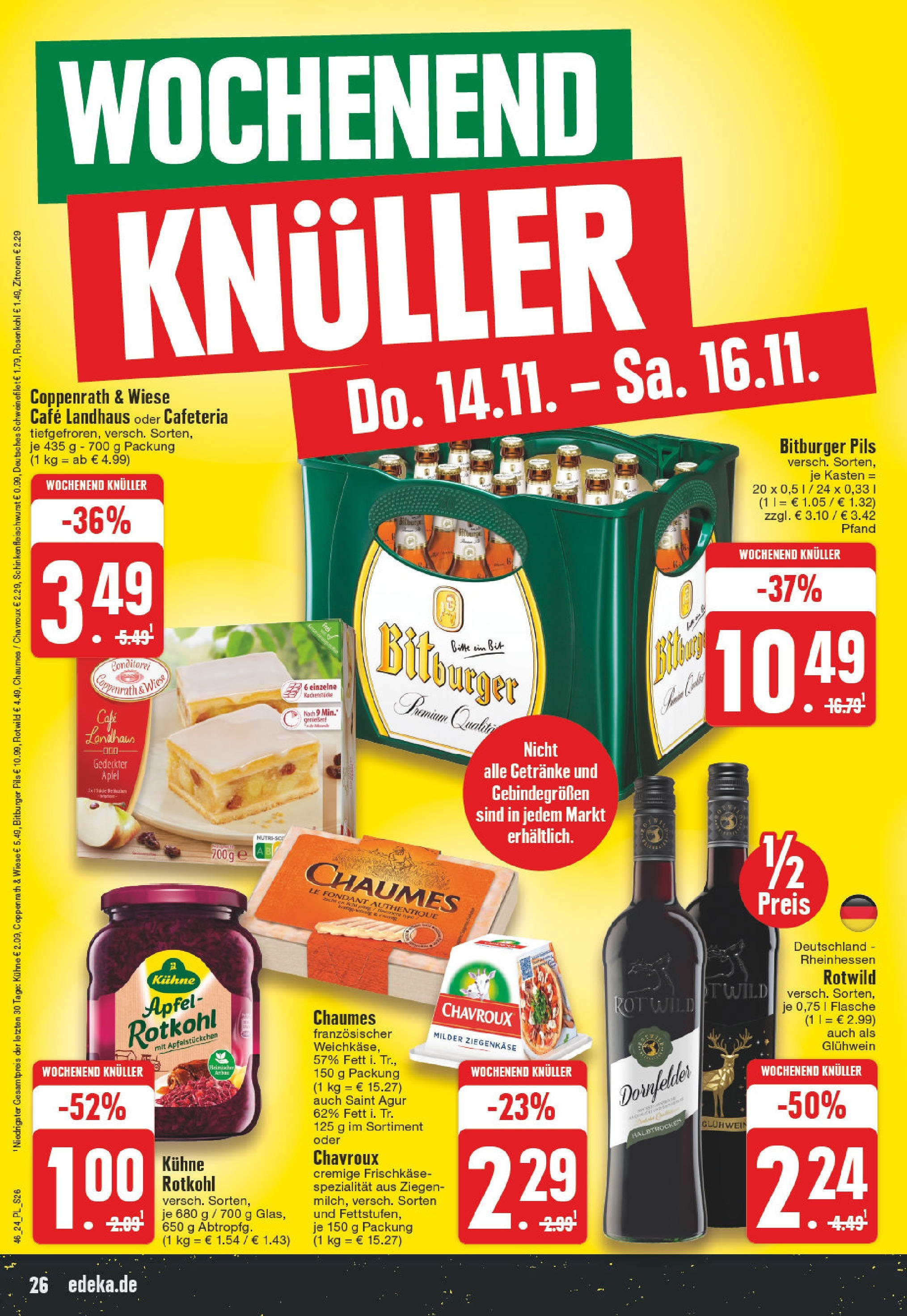 Edeka - E center: Wochenangebote (ab 10.11.2024) » Angebote Online | Seite: 26 | Produkte: Ziegenkäse, Pils, Frischkase, Zitronen