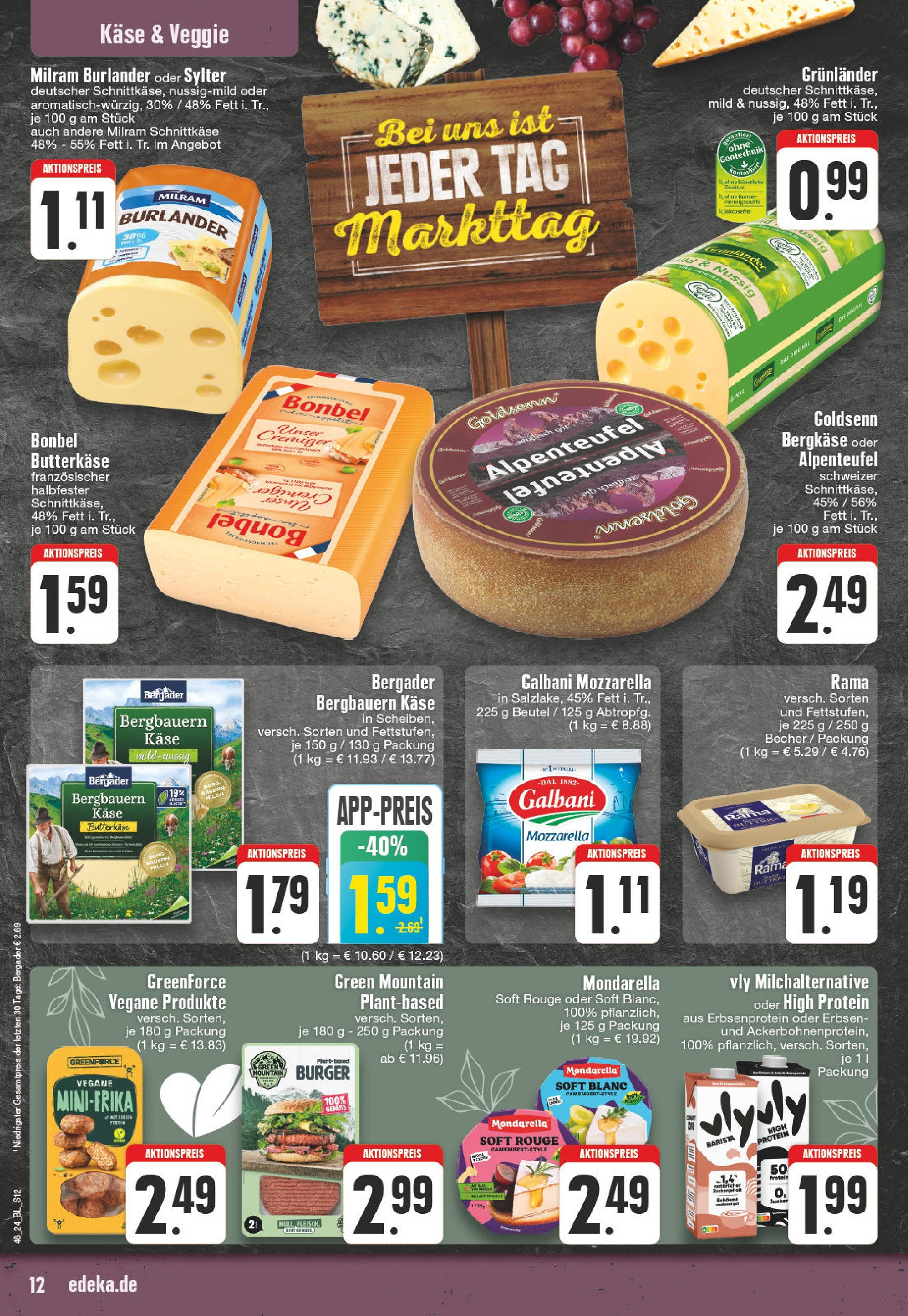 Edeka - E center: Wochenangebote (ab 10.11.2024) » Angebote Online | Seite: 12 | Produkte: Käse, Burger, Milram, Erbsen