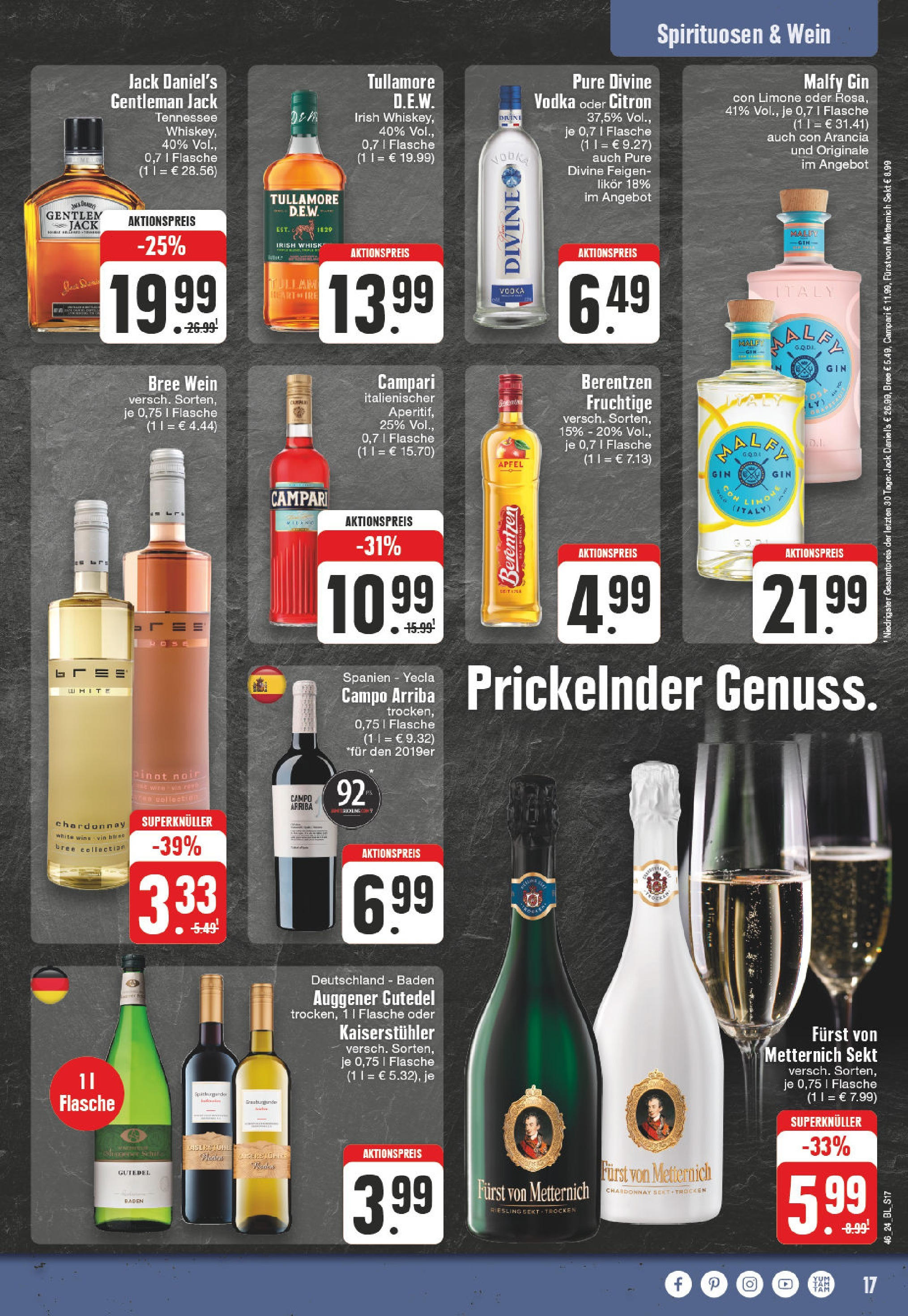 Edeka - E center: Wochenangebote (ab 10.11.2024) » Angebote Online | Seite: 17 | Produkte: Campari, Bree, Jack Daniel's, Vodka