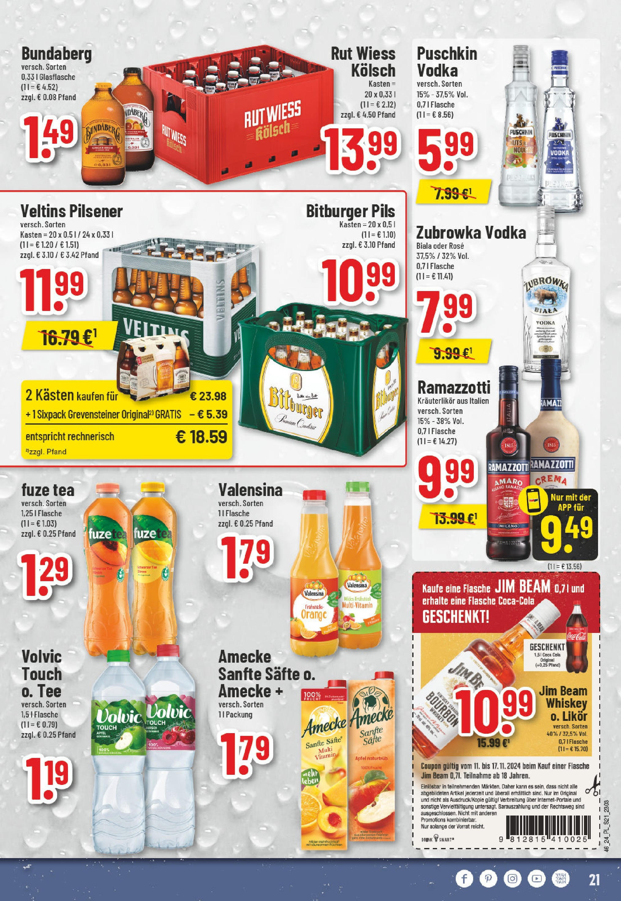 Edeka - E center: Wochenangebote (ab 10.11.2024) » Angebote Online | Seite: 21 | Produkte: Jim beam, Cola, Bourbon, Ramazzotti