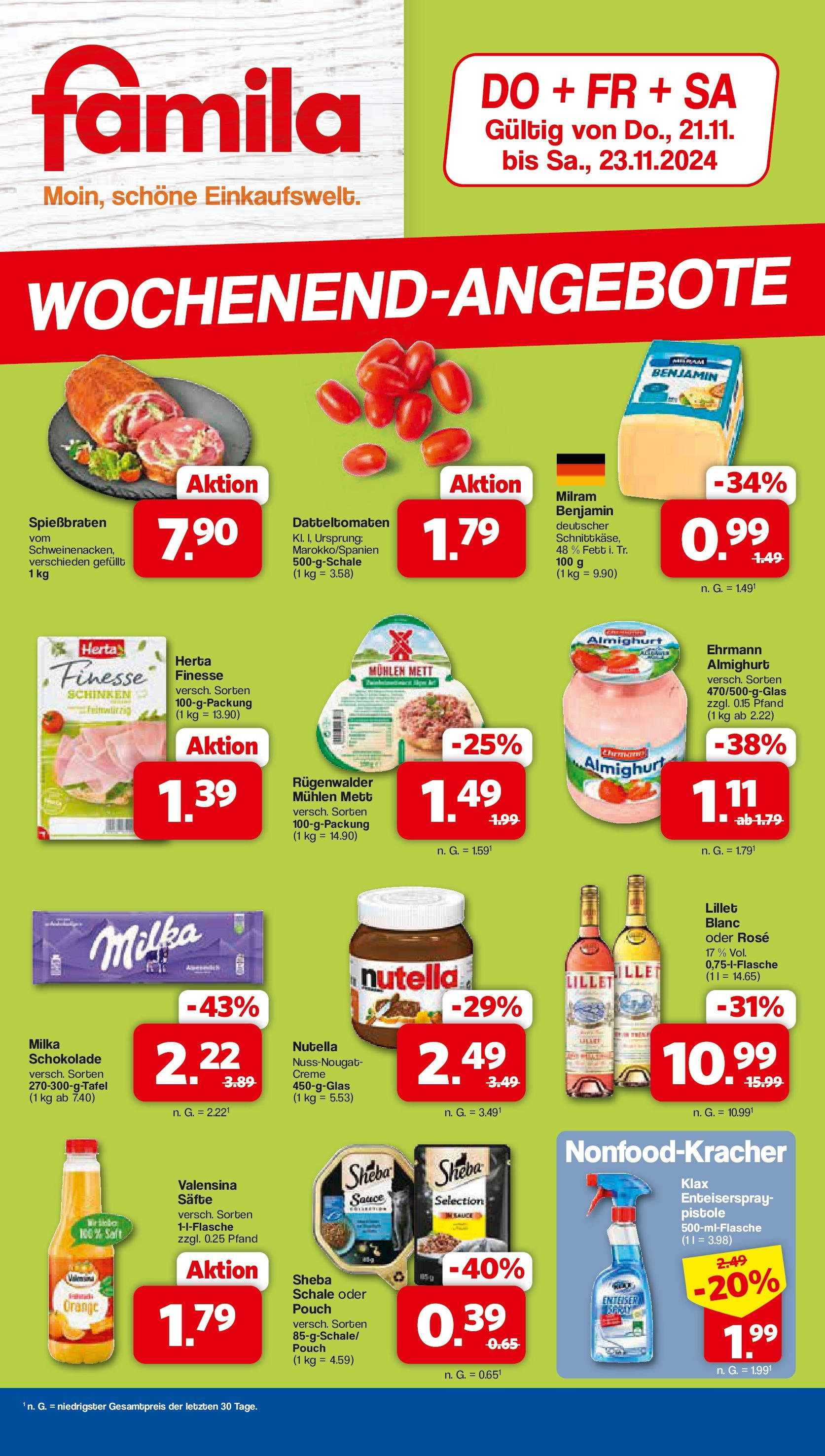 Famila Nordwest Wochenend-angebote (ab 21.11.2024) zum Blättern | Seite: 1 | Produkte: Sheba, Milka, Creme, Saft