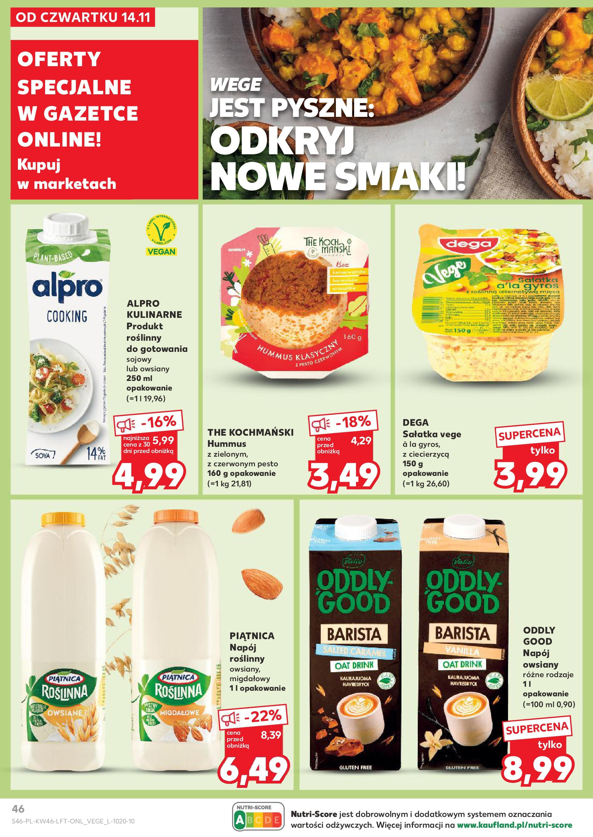 Kaufland gazetka (14.11.2024) od jutra ✳️ BLACK FRIDAY | Strona: 46 | Produkty: Alpro, Hummus klasyczny, Ciecierzyca, Pesto