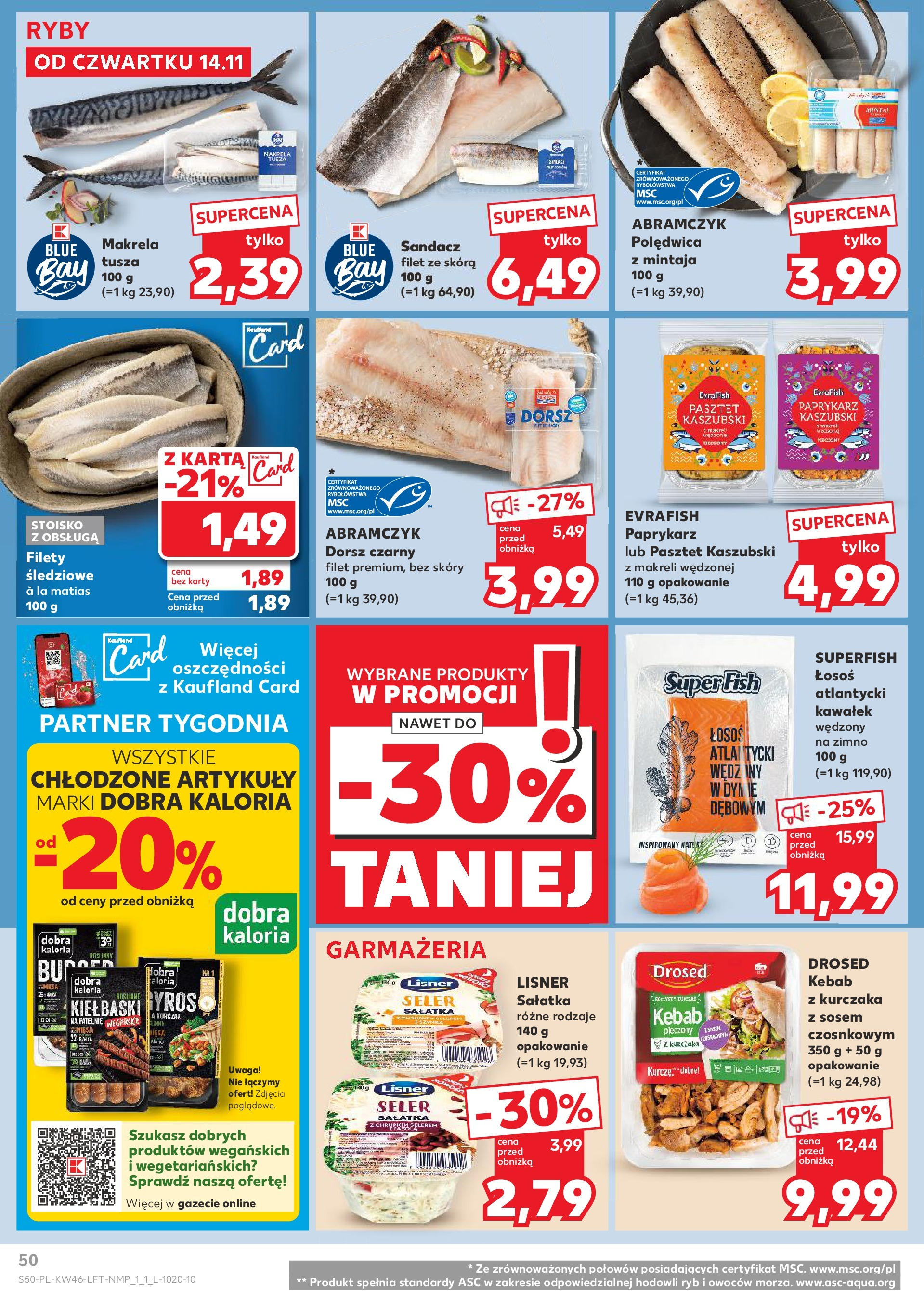 Kaufland gazetka (14.11.2024) od jutra ✳️ BLACK FRIDAY | Strona: 50 | Produkty: Kiełbaski, Łosoś, Ryby, Sałatka