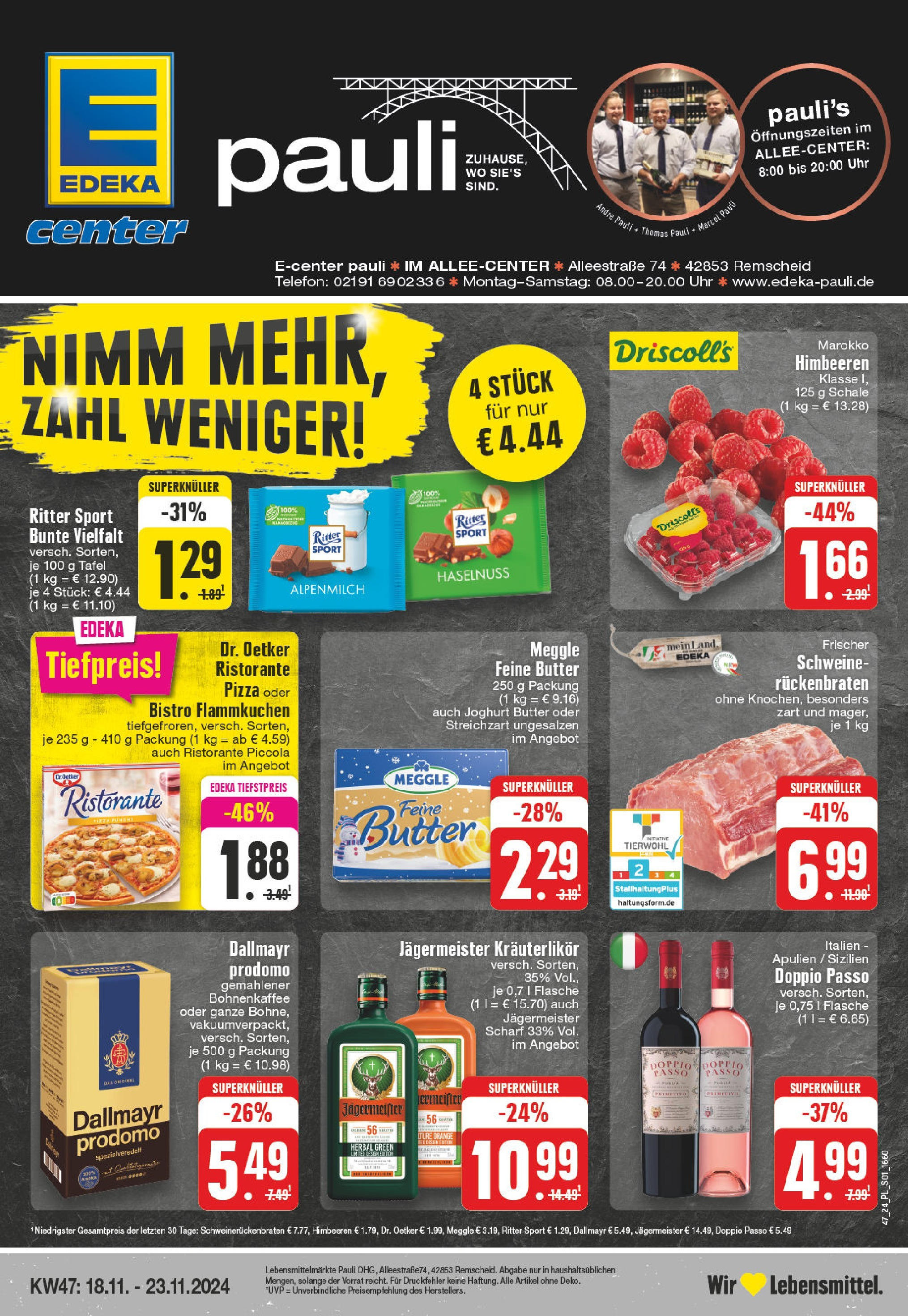 Edeka - E center: Wochenangebote (ab 17.11.2024) » Angebote Online | Seite: 1 | Produkte: Ristorante, Jägermeister, Pizza, Telefon