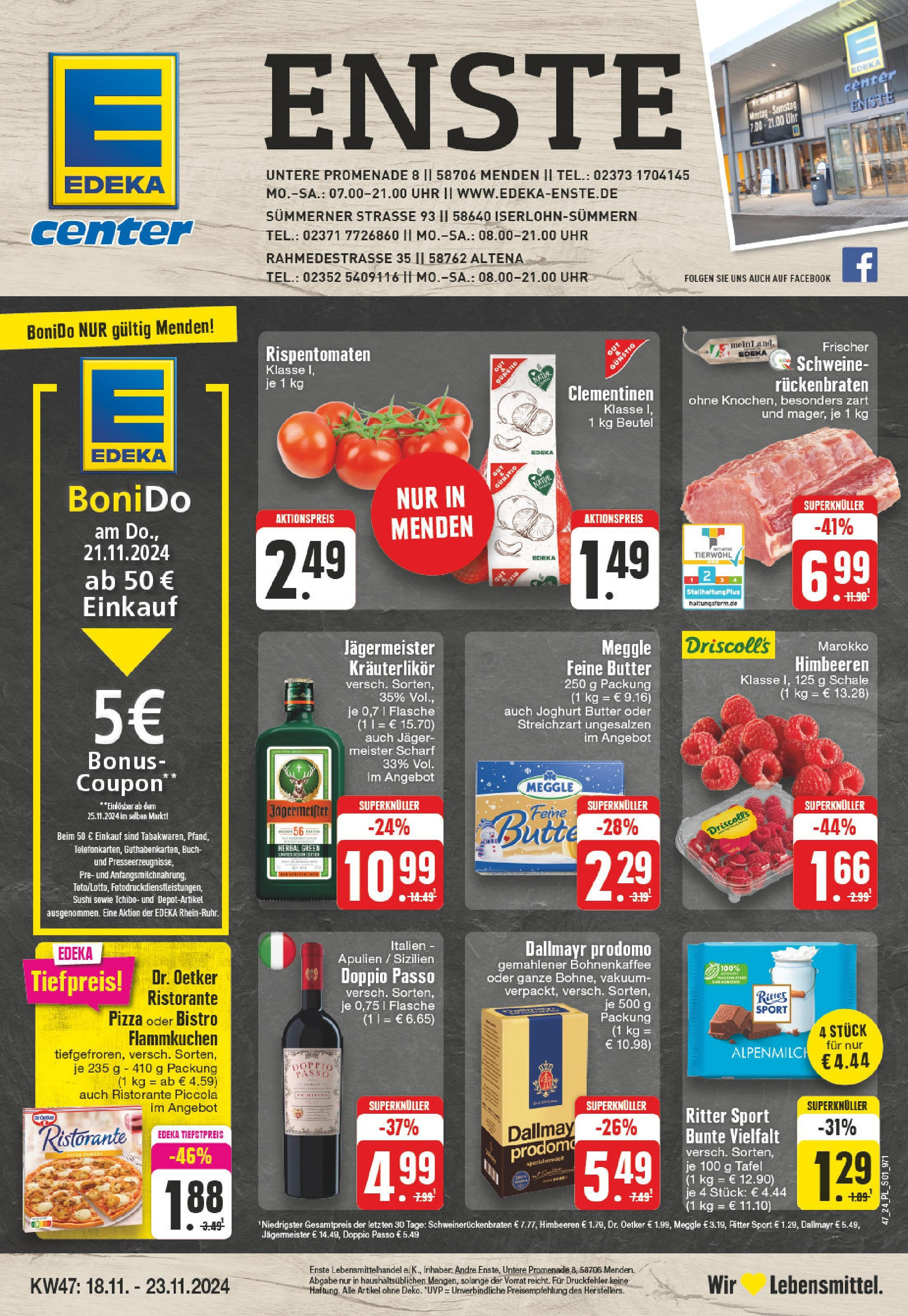 Edeka - E center: Wochenangebote (ab 17.11.2024) » Angebote Online | Seite: 1 | Produkte: Ristorante, Butter, Jägermeister, Pizza