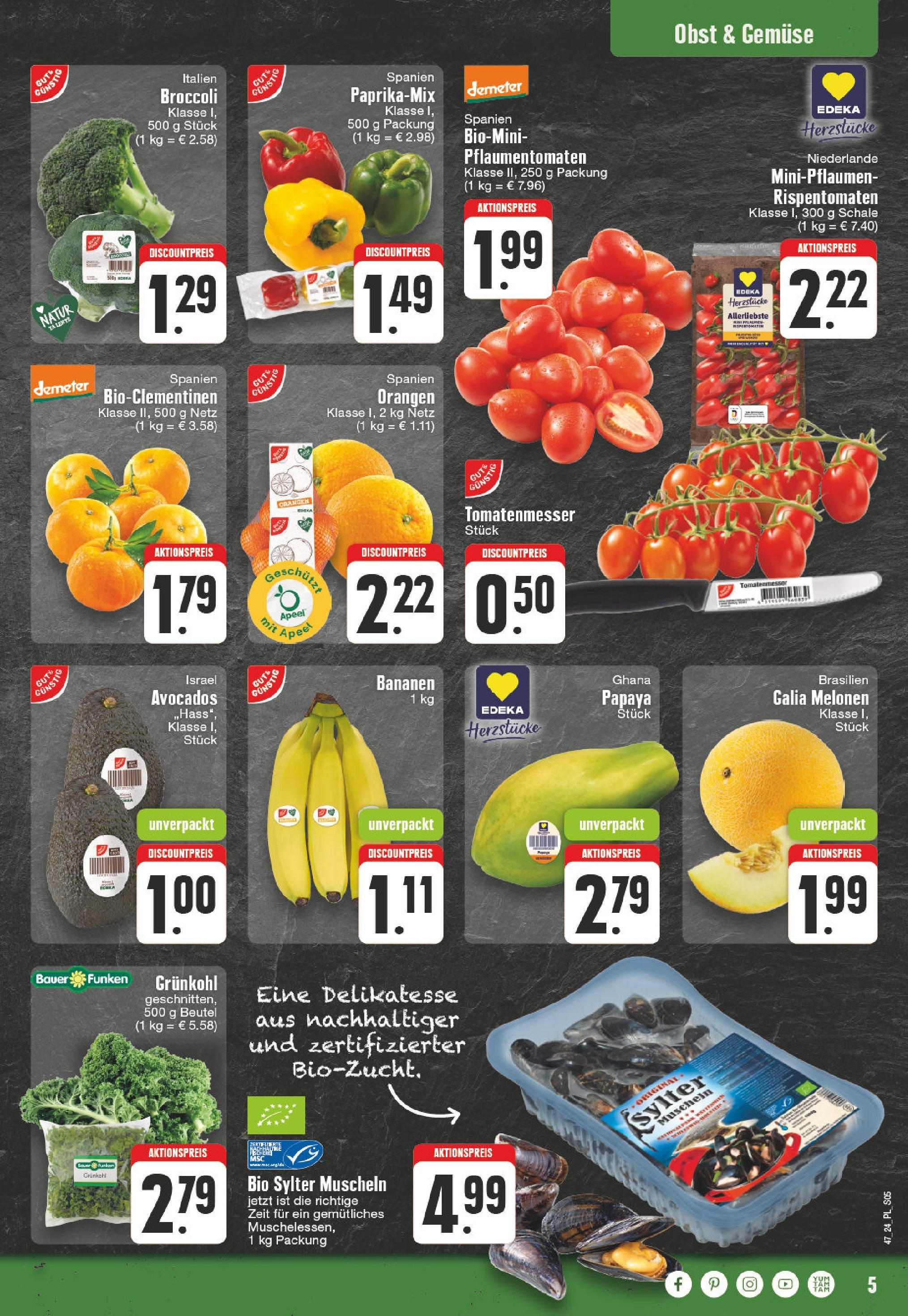 Edeka - E center: Wochenangebote (ab 17.11.2024) » Angebote Online | Seite: 5 | Produkte: Bananen, Orangen, Gemüse, Obst