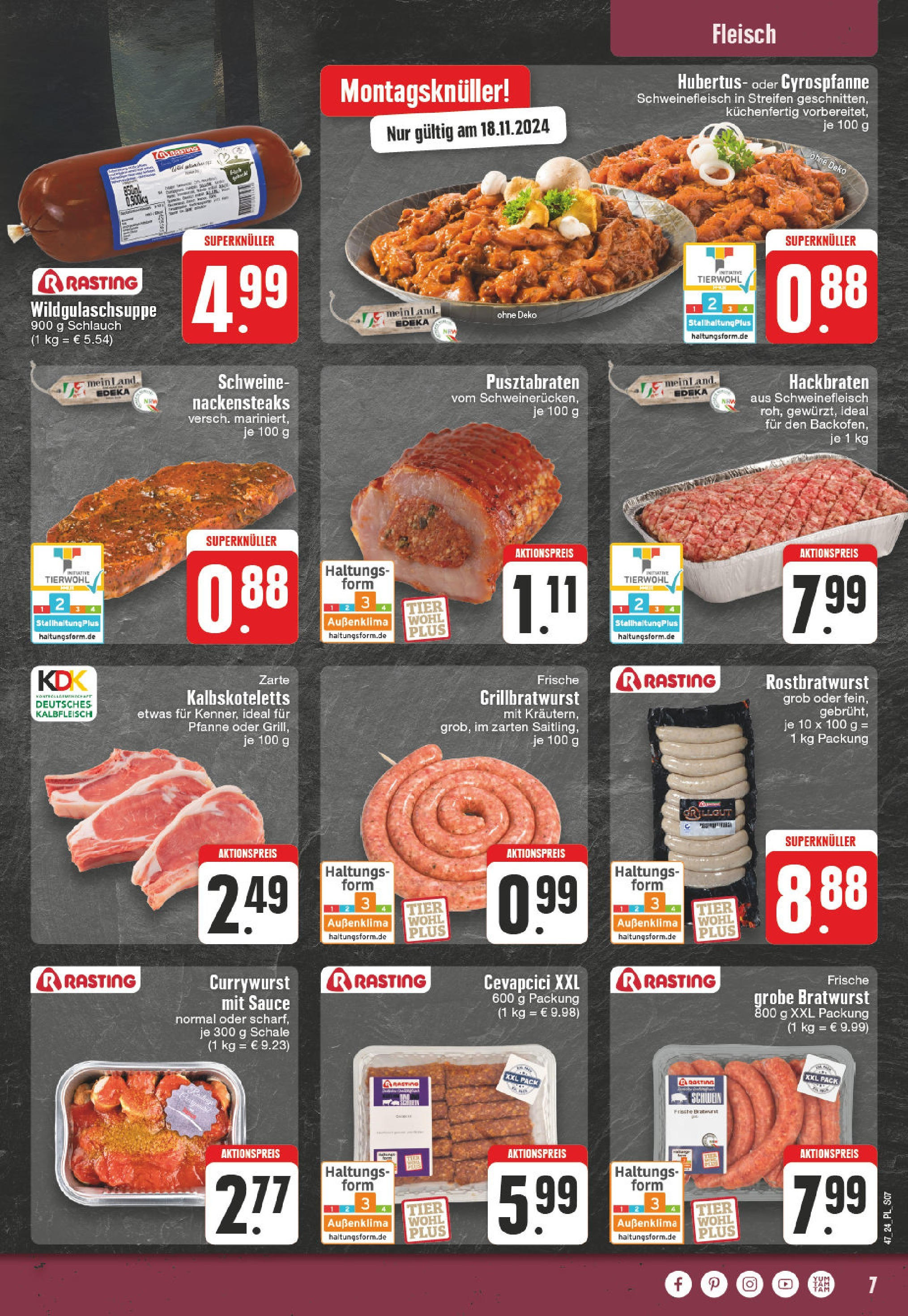 Edeka - E center: Wochenangebote (ab 17.11.2024) » Angebote Online | Seite: 7 | Produkte: Nackensteaks, Bratwurst, Schweinefleisch, Fleisch