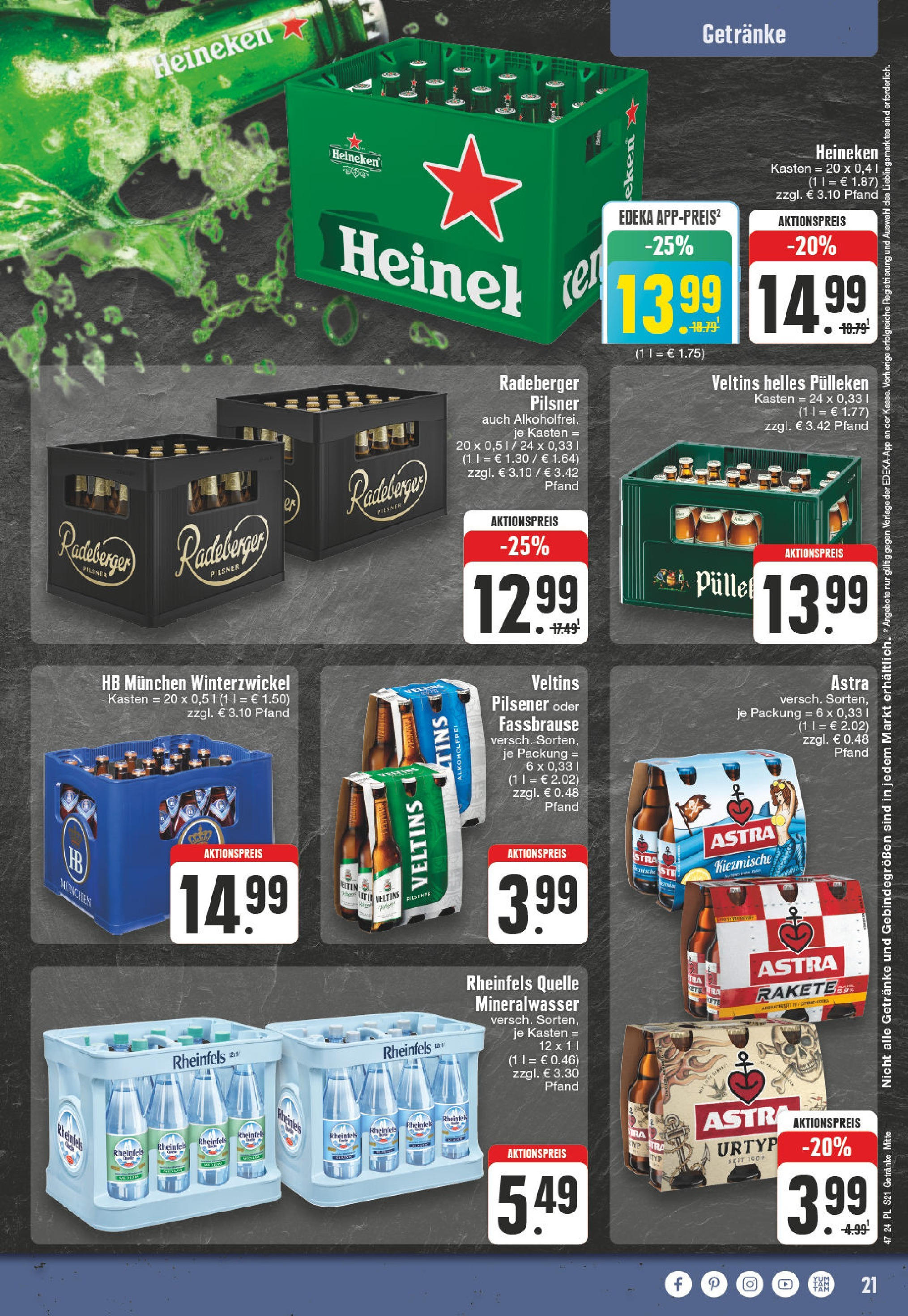 Edeka - E center: Wochenangebote (ab 17.11.2024) » Angebote Online | Seite: 21 | Produkte: Astra, Mineralwasser, Fassbrause, Rheinfels quelle