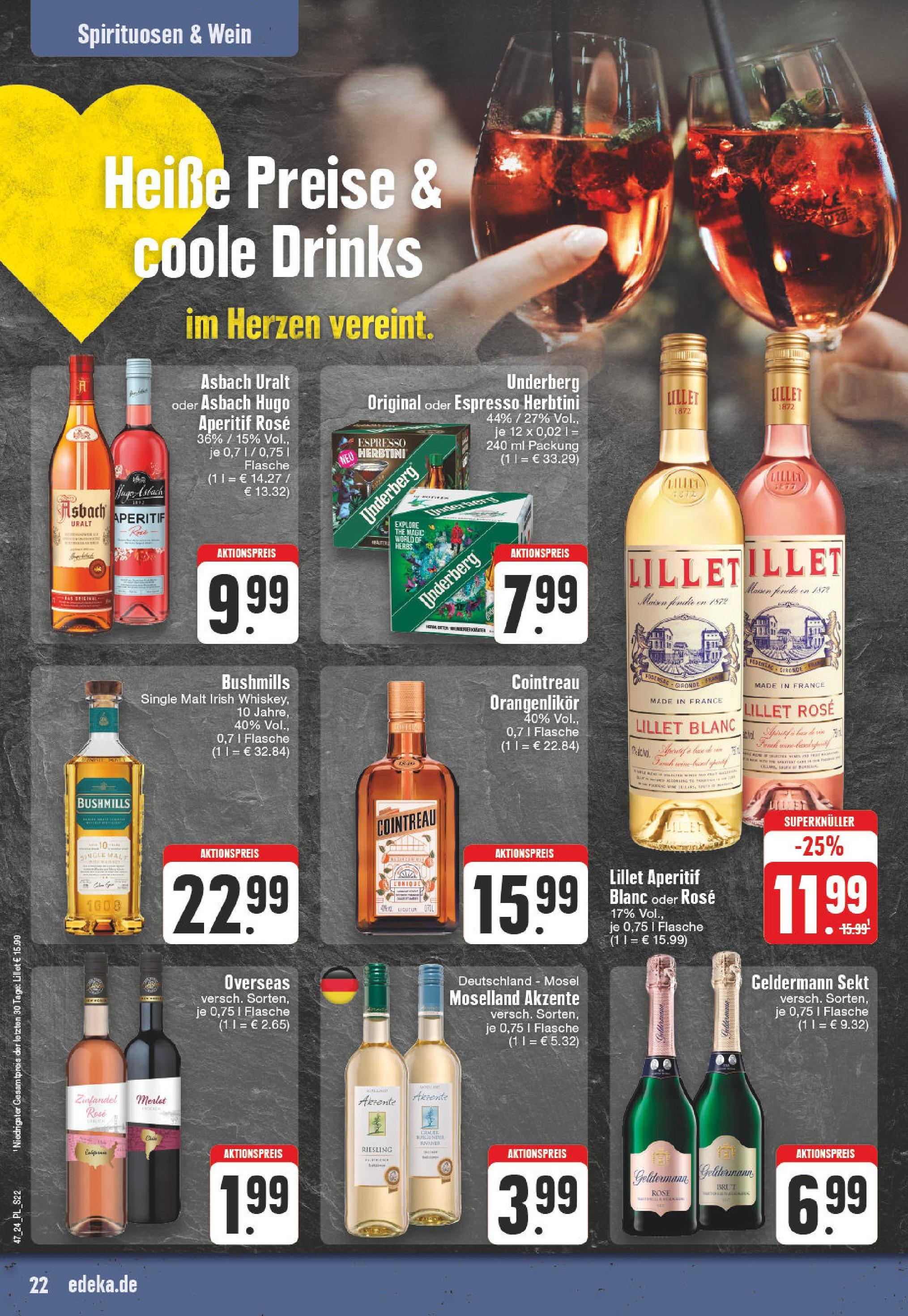 Edeka - E center: Wochenangebote (ab 17.11.2024) » Angebote Online | Seite: 22 | Produkte: Sekt, Lillet, Underberg, Asbach