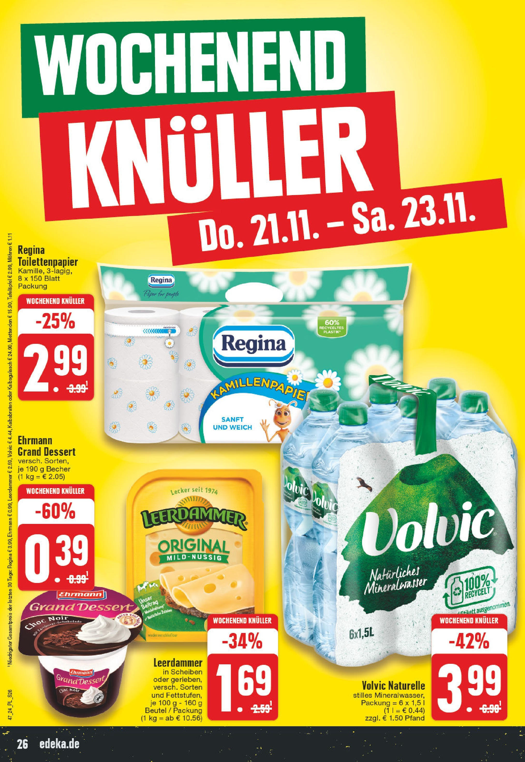 Edeka - E center: Wochenangebote (ab 17.11.2024) » Angebote Online | Seite: 26 | Produkte: Mineralwasser, Leerdammer, Mohren, Volvic