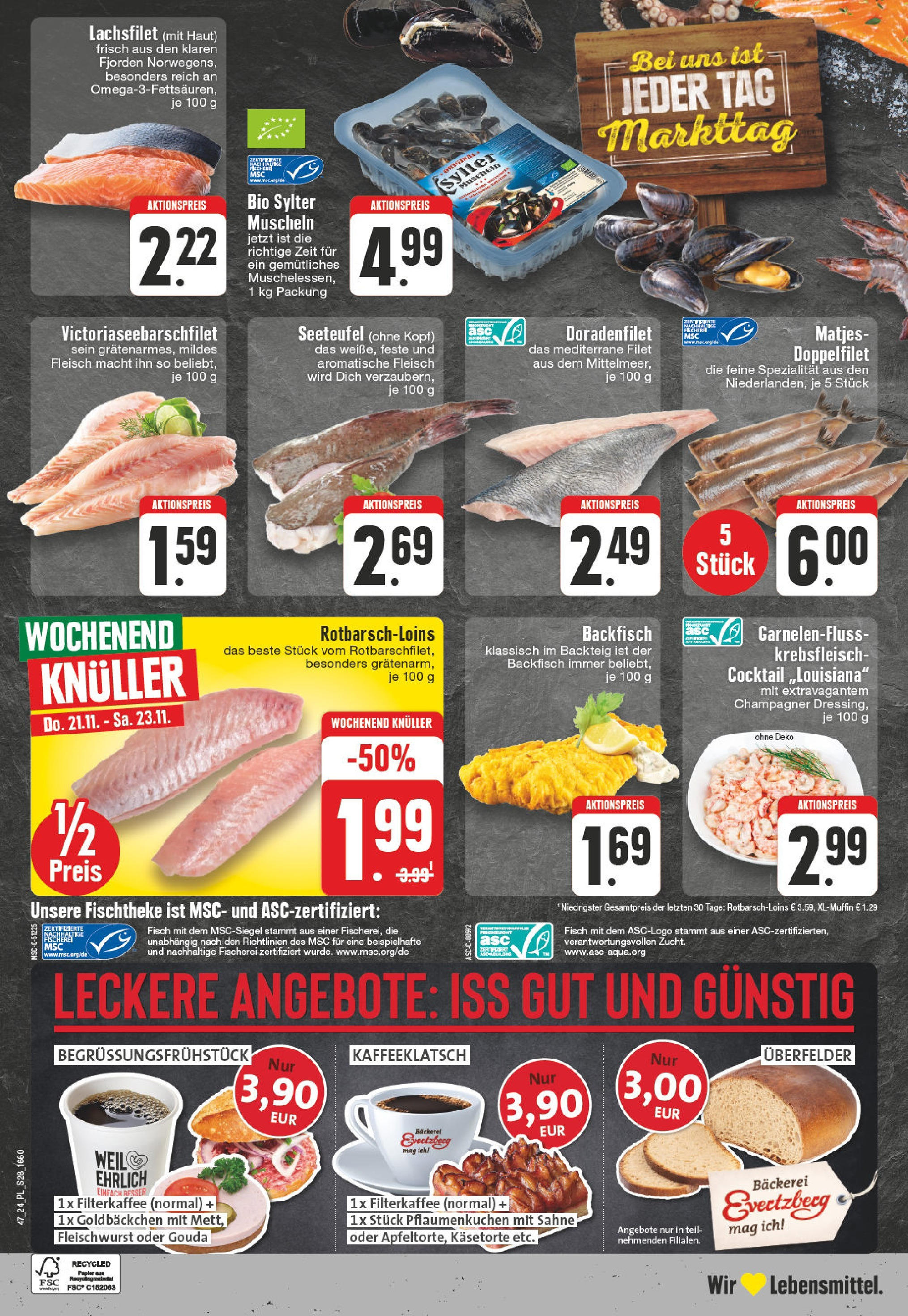 Edeka - E center: Wochenangebote (ab 17.11.2024) » Angebote Online | Seite: 28 | Produkte: Bäckerei, Gouda, Fisch, Sahne