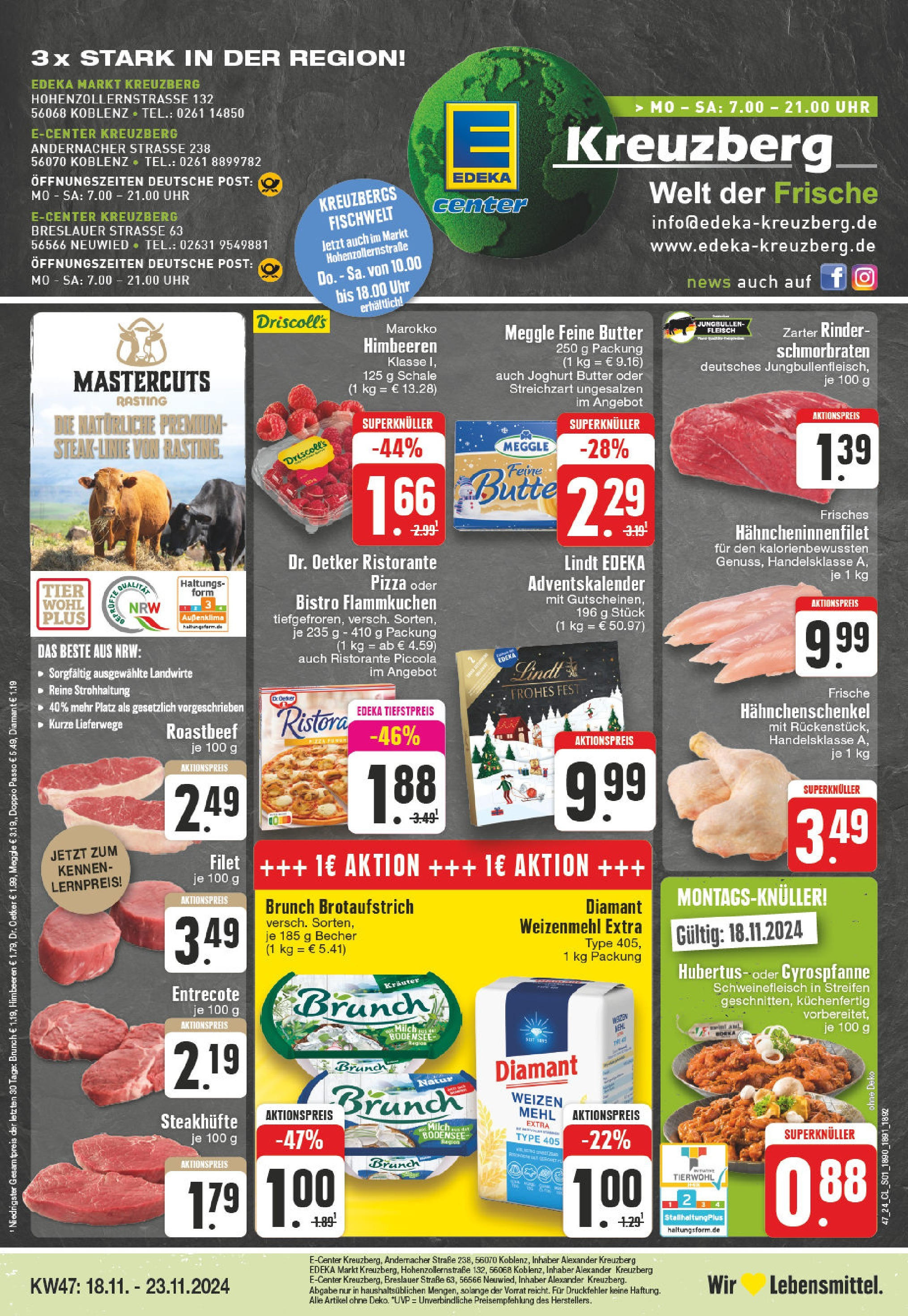 Edeka - E center: Wochenangebote (ab 17.11.2024) » Angebote Online | Seite: 1 | Produkte: Mehl, Milch, Roastbeef, Doppio Passo