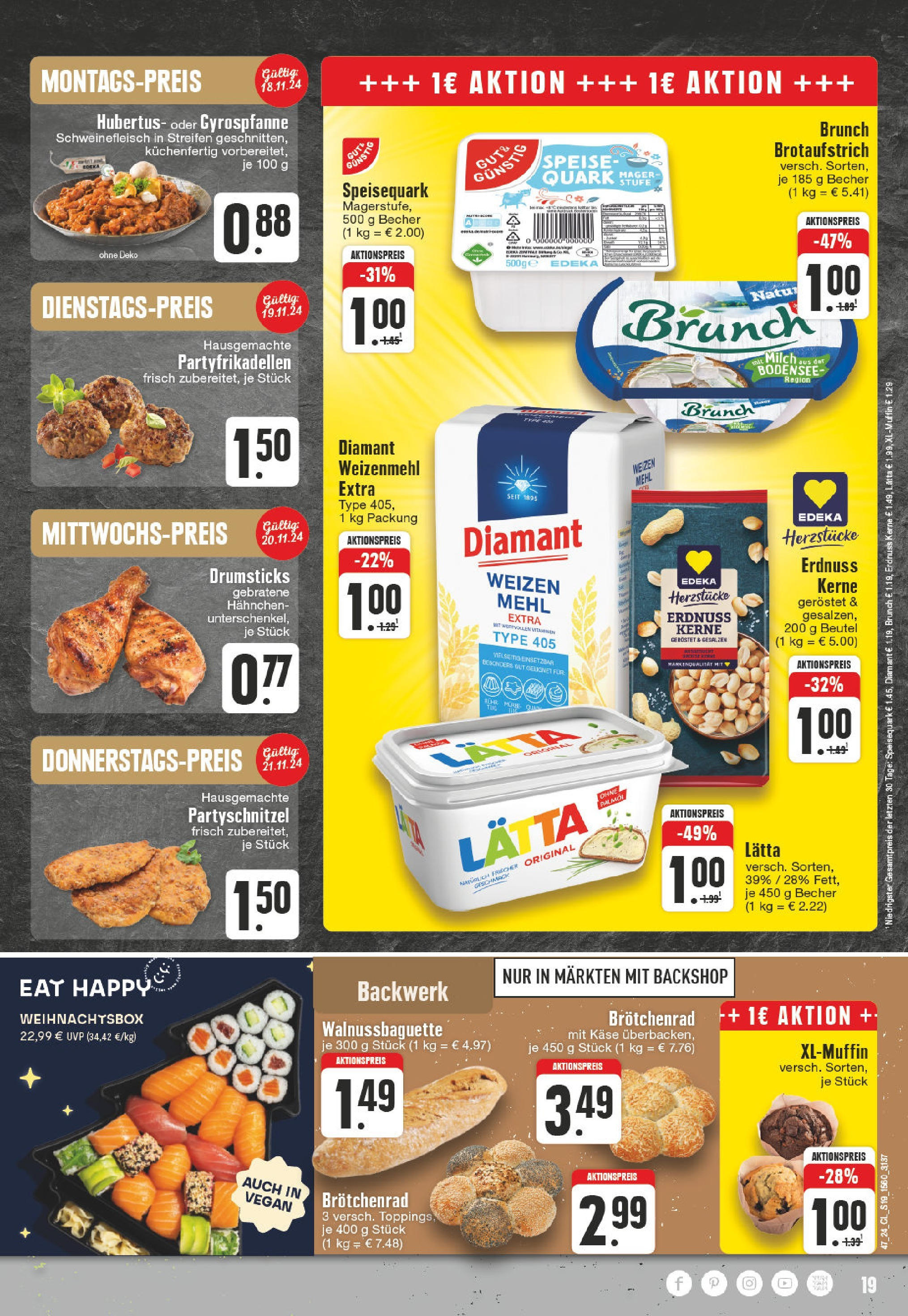 Edeka - E center: Wochenangebote (ab 17.11.2024) » Angebote Online | Seite: 19 | Produkte: Hahnchen, Milch, Lätta, Schweinefleisch