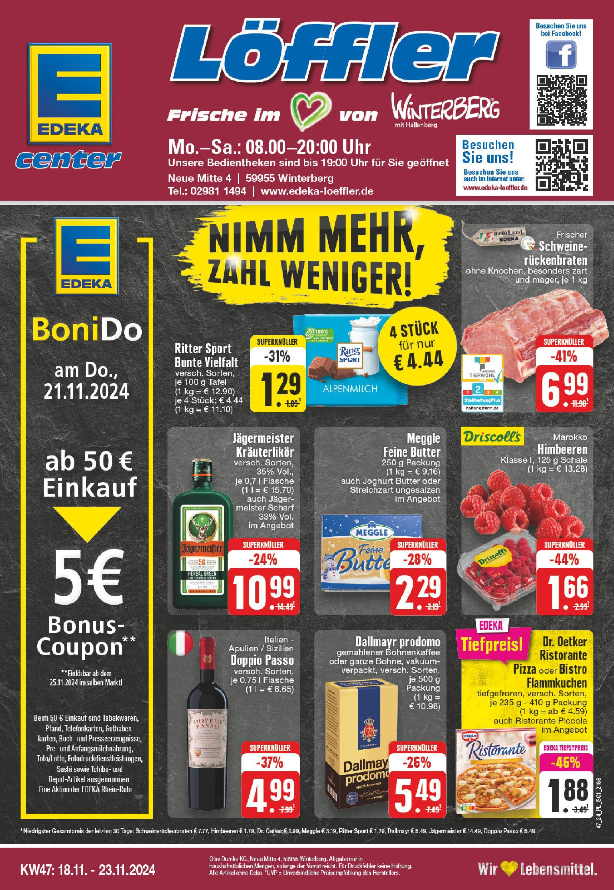 Edeka - E center: Wochenangebote (ab 17.11.2024) » Angebote Online | Seite: 1 | Produkte: Himbeeren, Doppio Passo, Pizza, Uhr