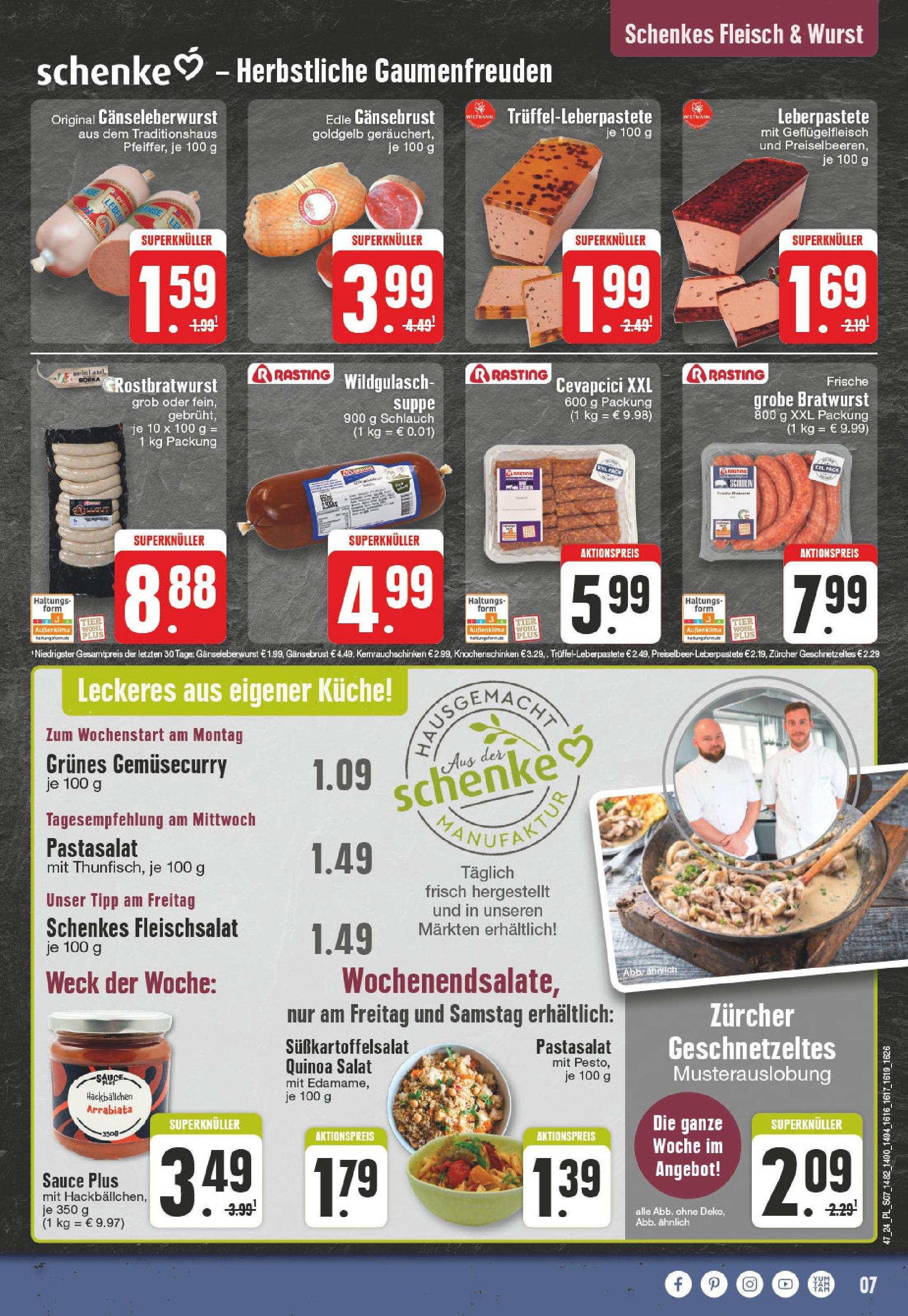 Edeka - E center: Wochenangebote (ab 17.11.2024) » Angebote Online | Seite: 7 | Produkte: Bratwurst, Küche, Cevapcici, Fleisch