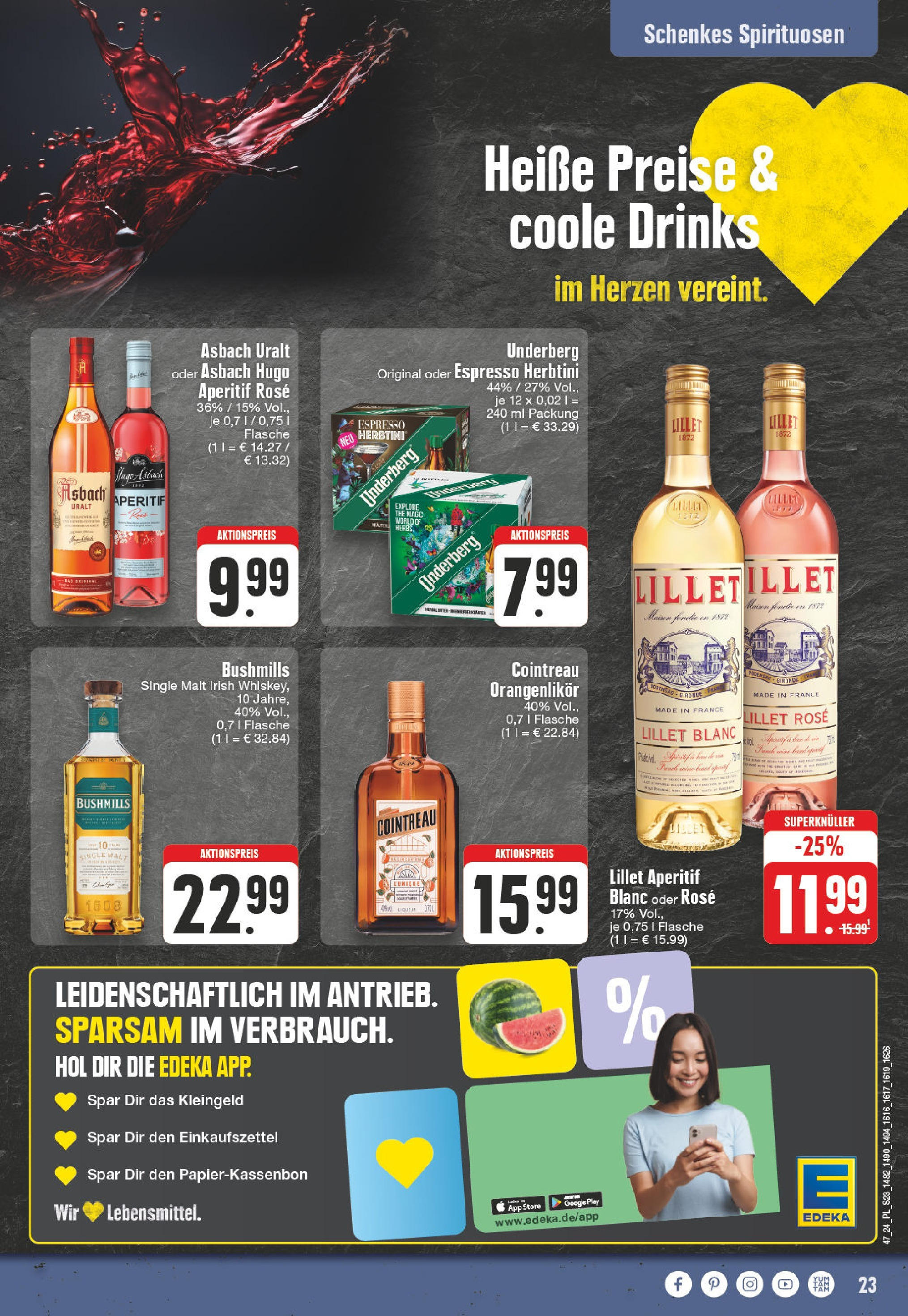 Edeka - E center: Wochenangebote (ab 17.11.2024) » Angebote Online | Seite: 23 | Produkte: Lillet, Hugo, Underberg, Asbach