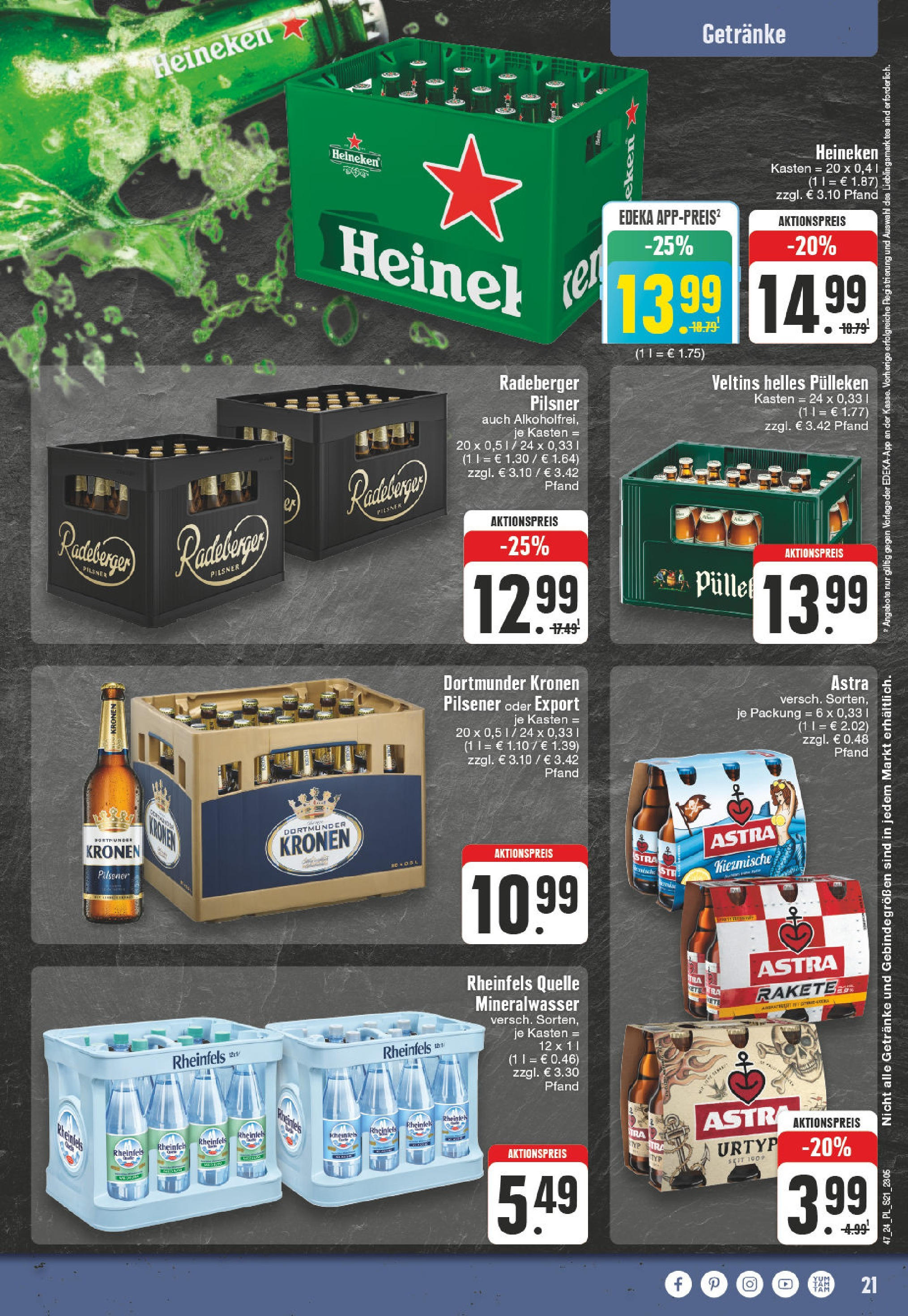 Edeka - E center: Wochenangebote (ab 17.11.2024) » Angebote Online | Seite: 21 | Produkte: Astra, Mineralwasser, Veltins, Rheinfels quelle