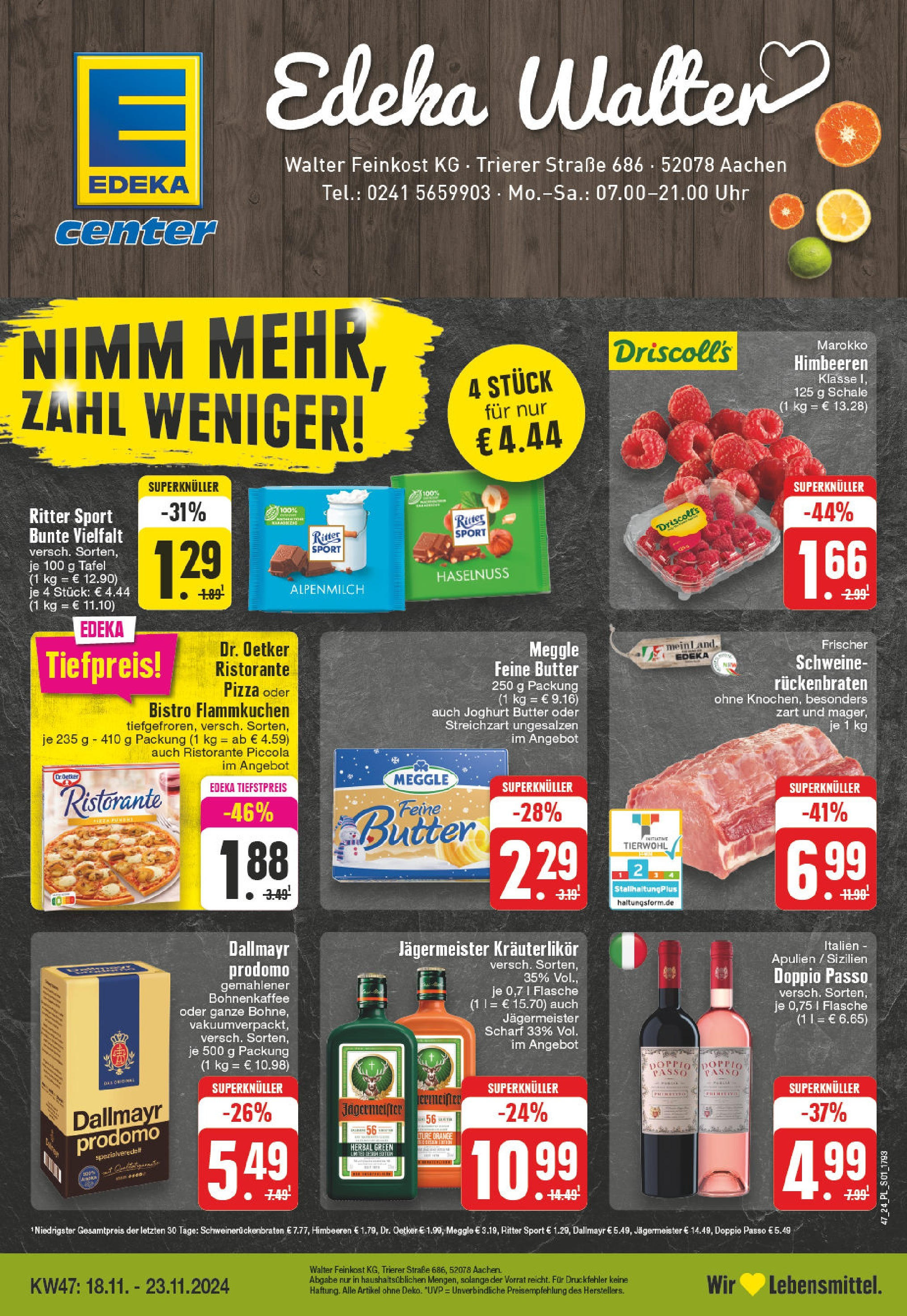 Edeka - E center: Wochenangebote (ab 17.11.2024) » Angebote Online | Seite: 1 | Produkte: Butter, Jägermeister, Pizza, Uhr