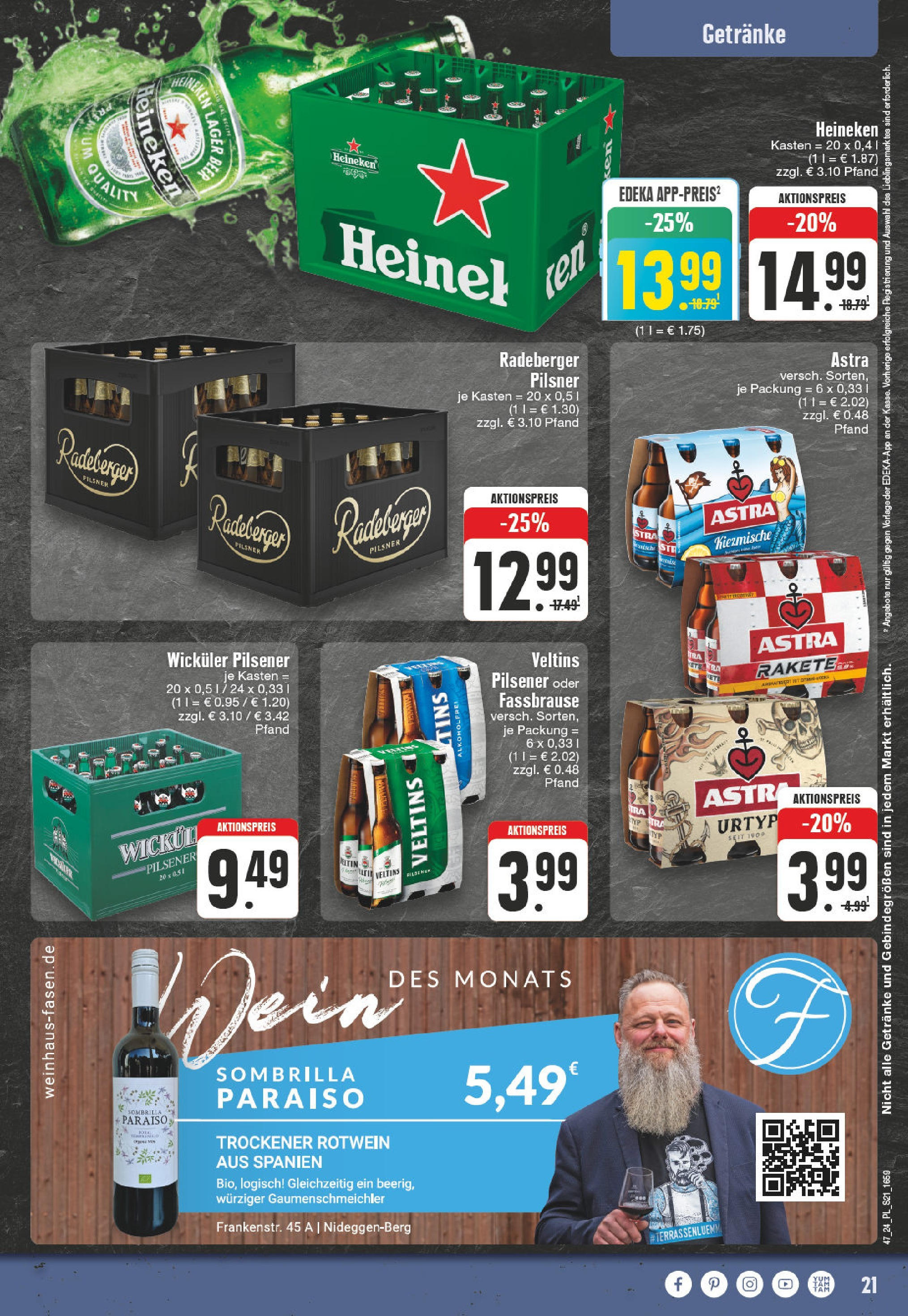 Edeka - E center: Wochenangebote (ab 17.11.2024) » Angebote Online | Seite: 21 | Produkte: Rotwein, Heineken, Wein, Veltins