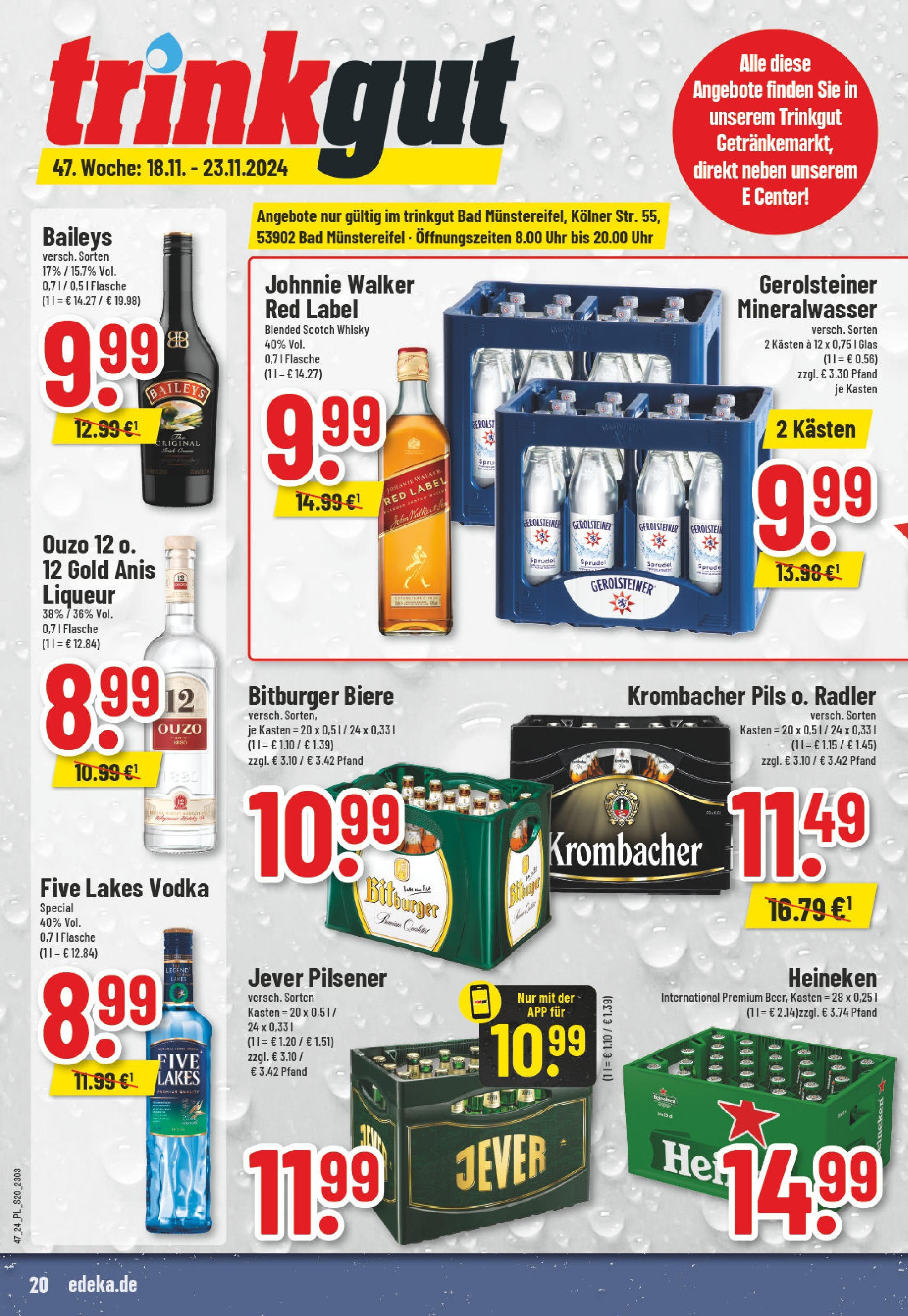 Edeka - E center: Wochenangebote (ab 17.11.2024) » Angebote Online | Seite: 20 | Produkte: Bitburger, Ouzo, Heineken, Radler