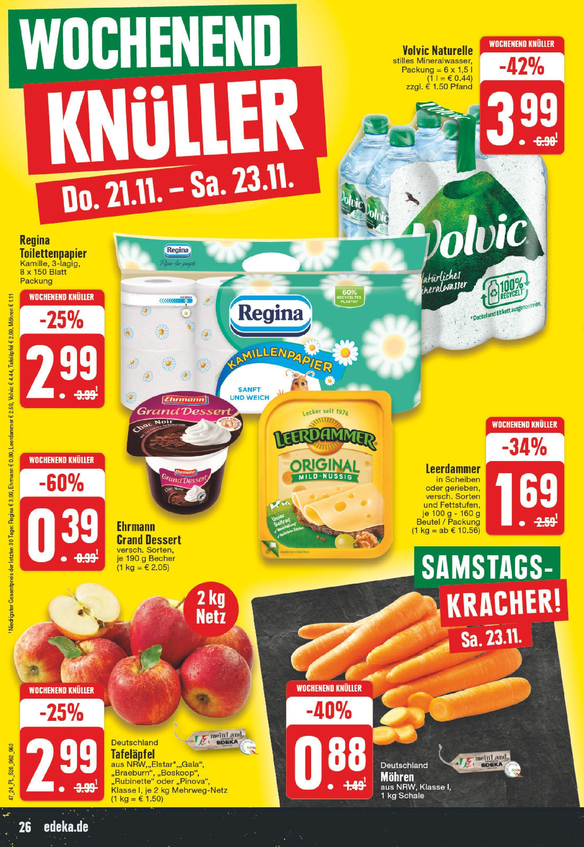 Edeka - E center: Wochenangebote (ab 17.11.2024) » Angebote Online | Seite: 26 | Produkte: Ehrmann grand dessert, Leerdammer, Volvic, Toilettenpapier