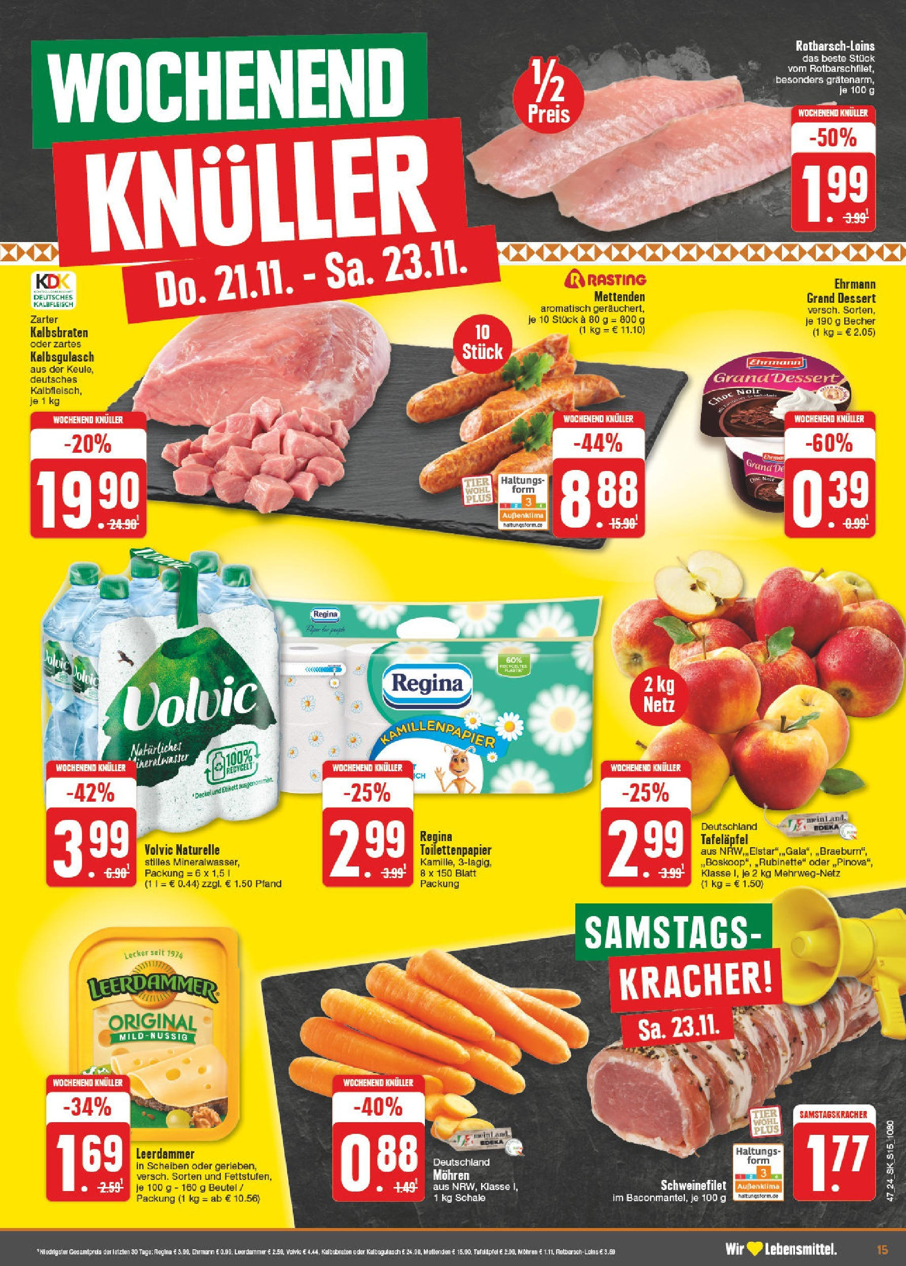 Edeka - E center: Wochenangebote (ab 17.11.2024) » Angebote Online | Seite: 15 | Produkte: Leerdammer, Mohren, Volvic, Toilettenpapier