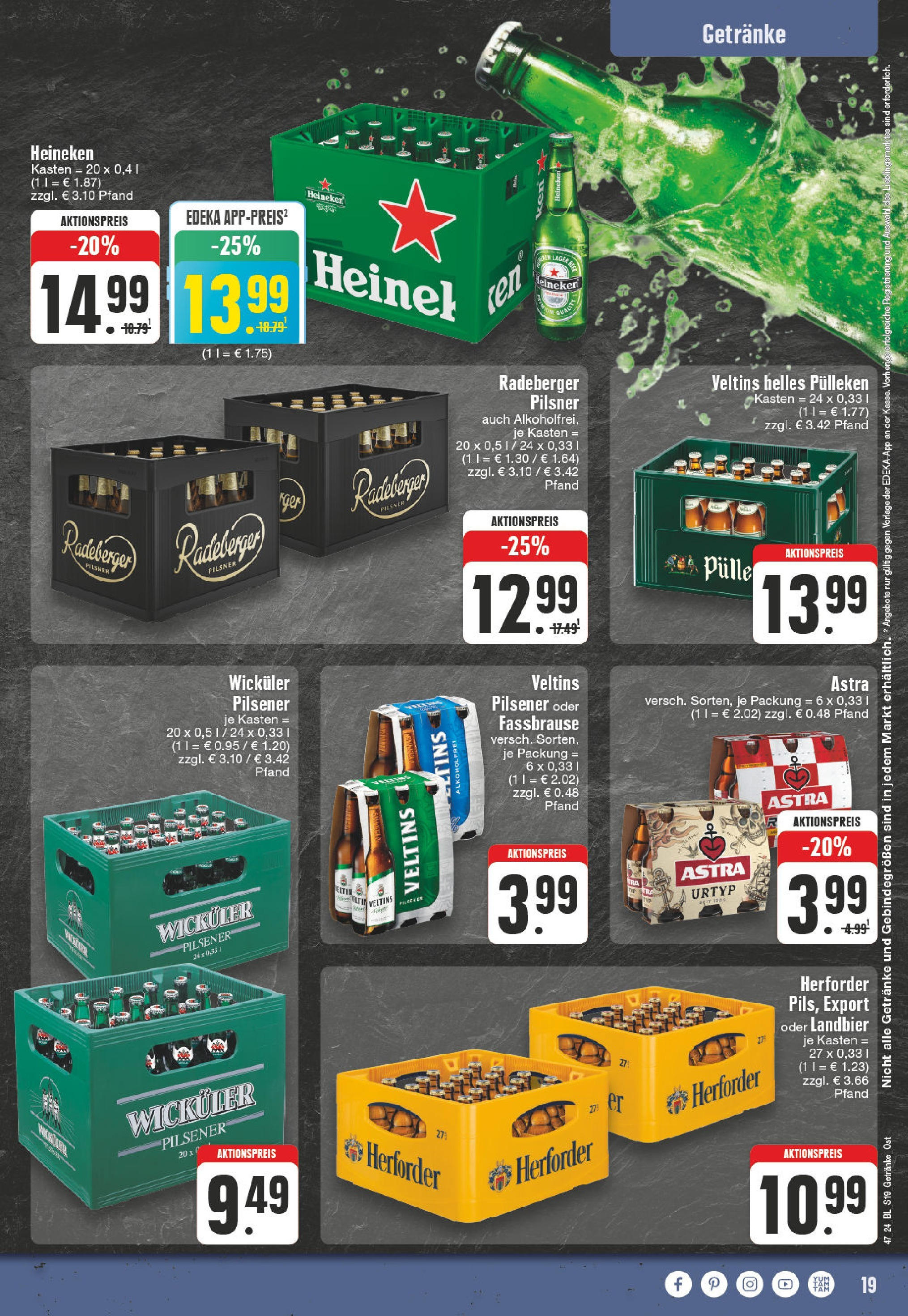 Edeka - EDEKA: Wochenangebote (ab 17.11.2024) » Angebote Online | Seite: 19 | Produkte: Helles pulleken, Astra, Heineken, Veltins