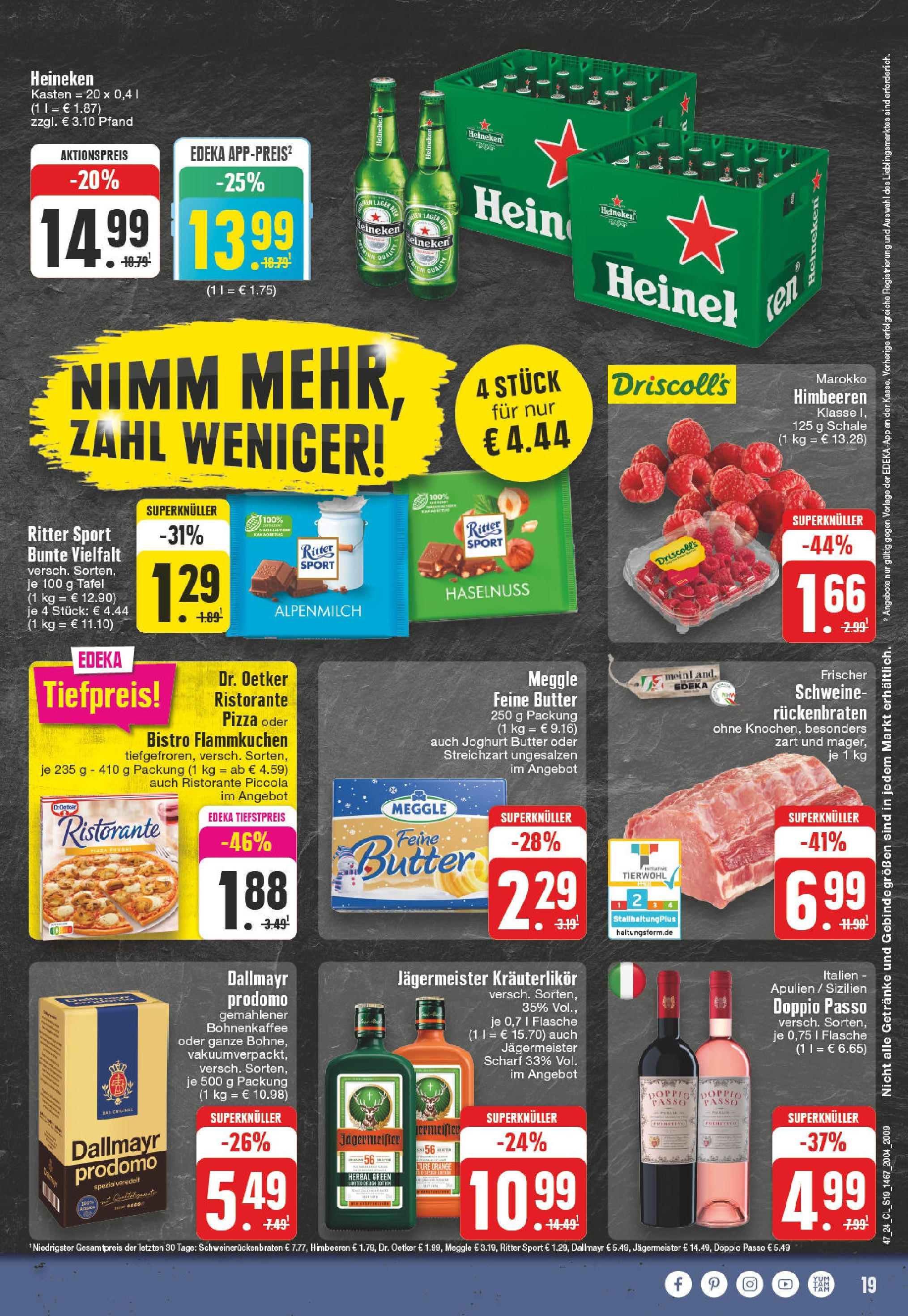 Edeka - EDEKA: Wochenangebote (ab 17.11.2024) » Angebote Online | Seite: 19 | Produkte: Butter, Ritter sport, Heineken, Dallmayr