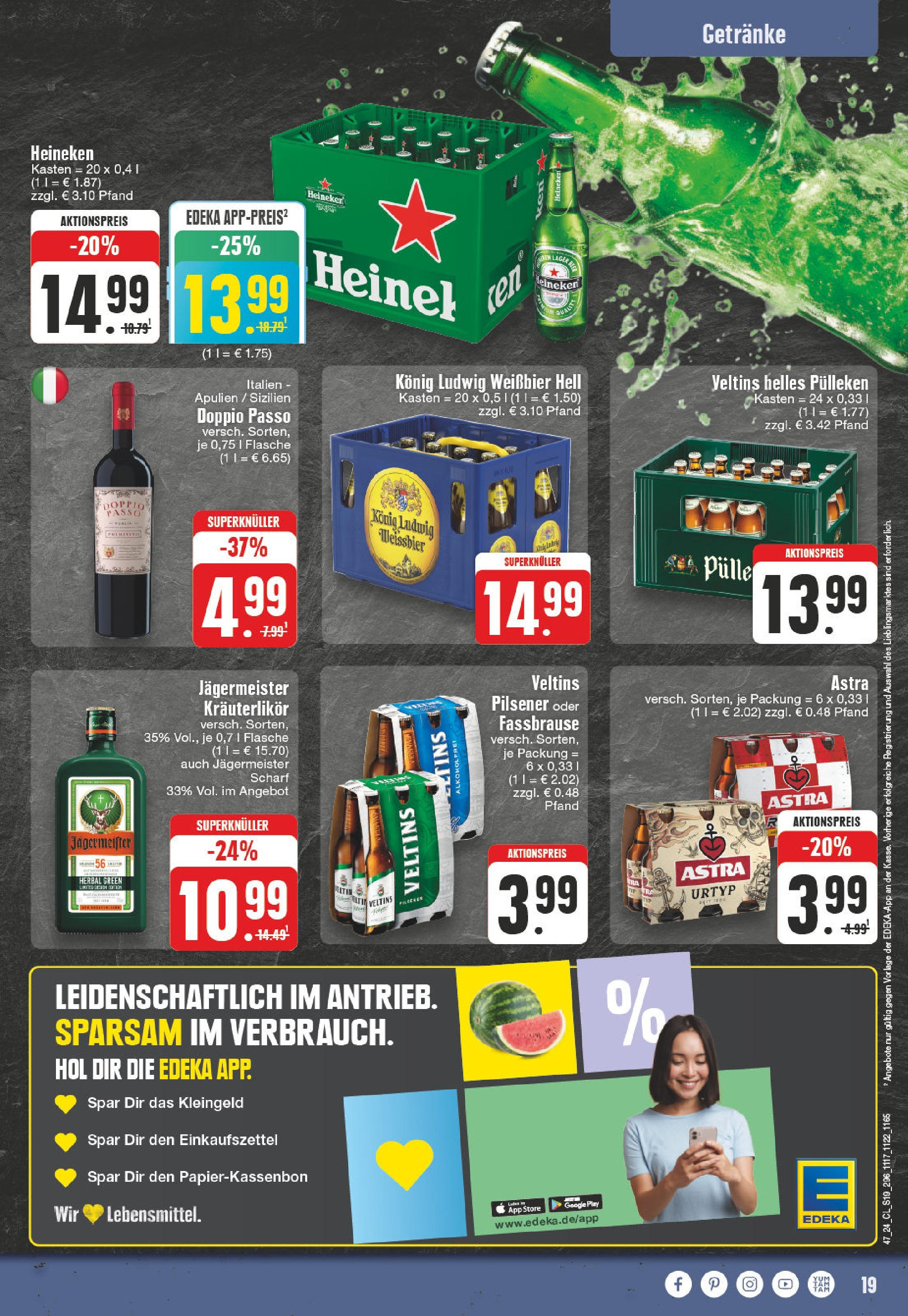 Edeka - EDEKA: Wochenangebote (ab 17.11.2024) » Angebote Online | Seite: 19 | Produkte: Helles pulleken, Weißbier, Doppio Passo, Veltins