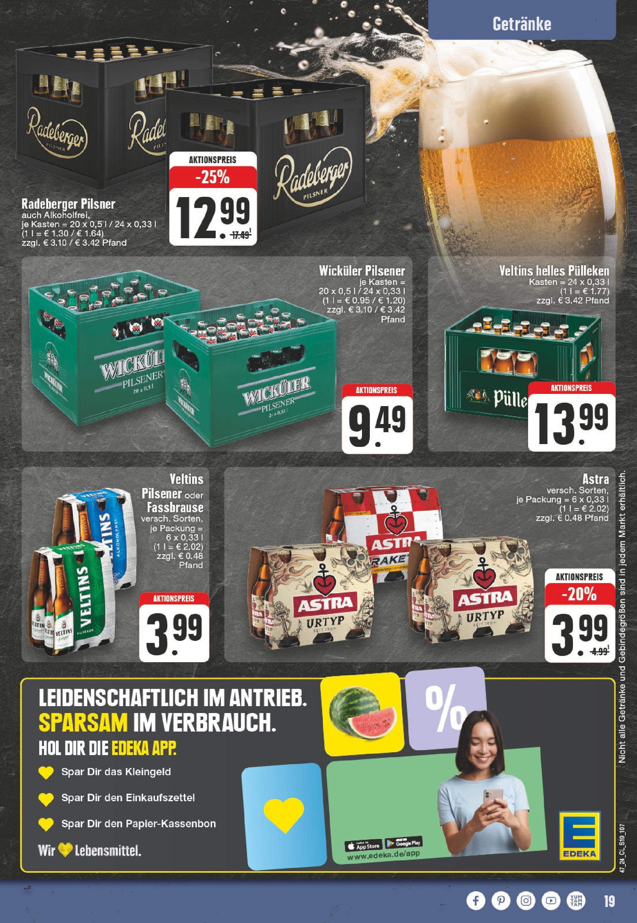 Edeka - EDEKA: Wochenangebote (ab 17.11.2024) » Angebote Online | Seite: 19 | Produkte: Helles pulleken, Astra, Radeberger pilsner, Veltins