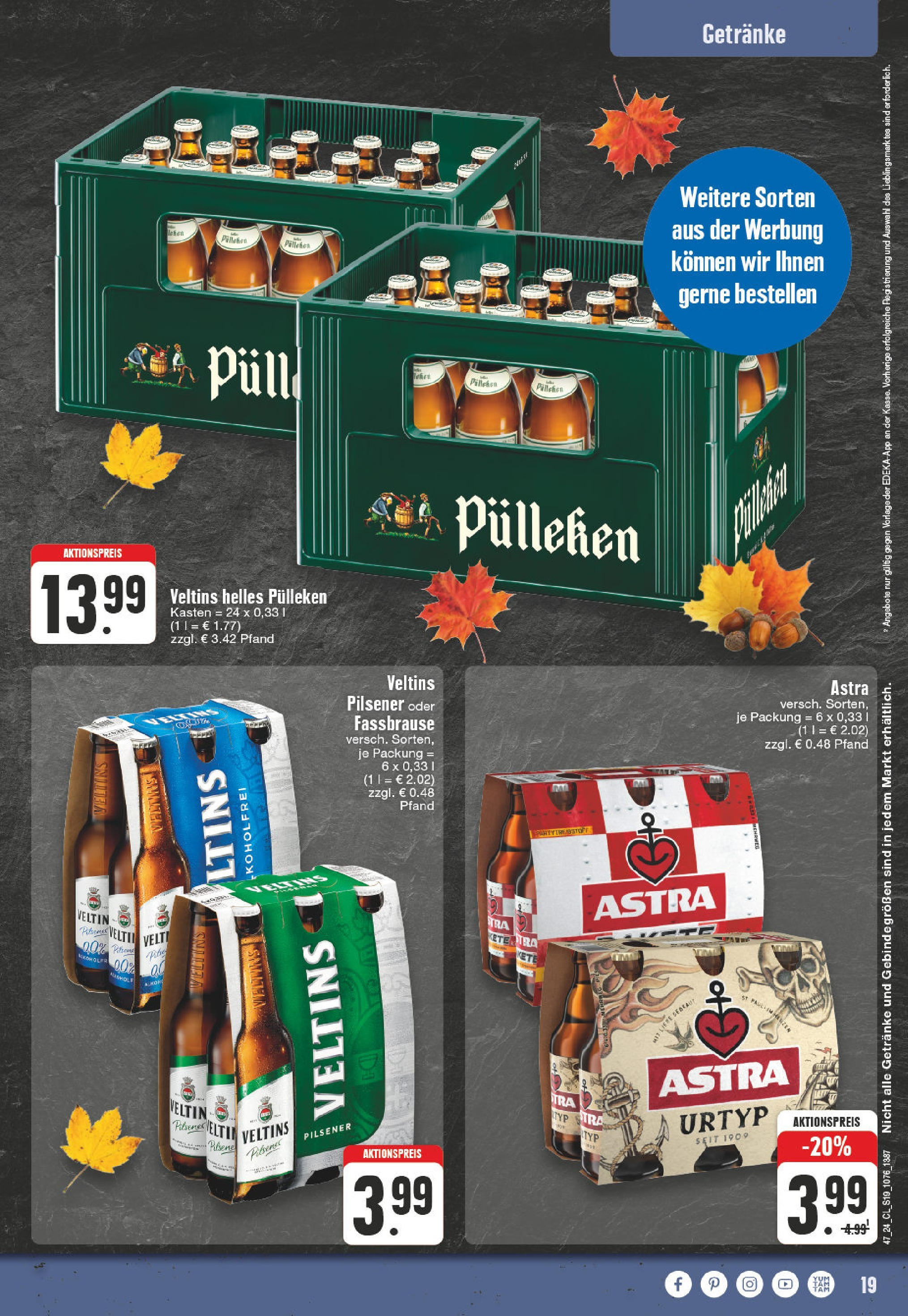 Edeka - EDEKA: Wochenangebote (ab 17.11.2024) » Angebote Online | Seite: 19 | Produkte: Helles pulleken, Astra, Fassbrause, Veltins