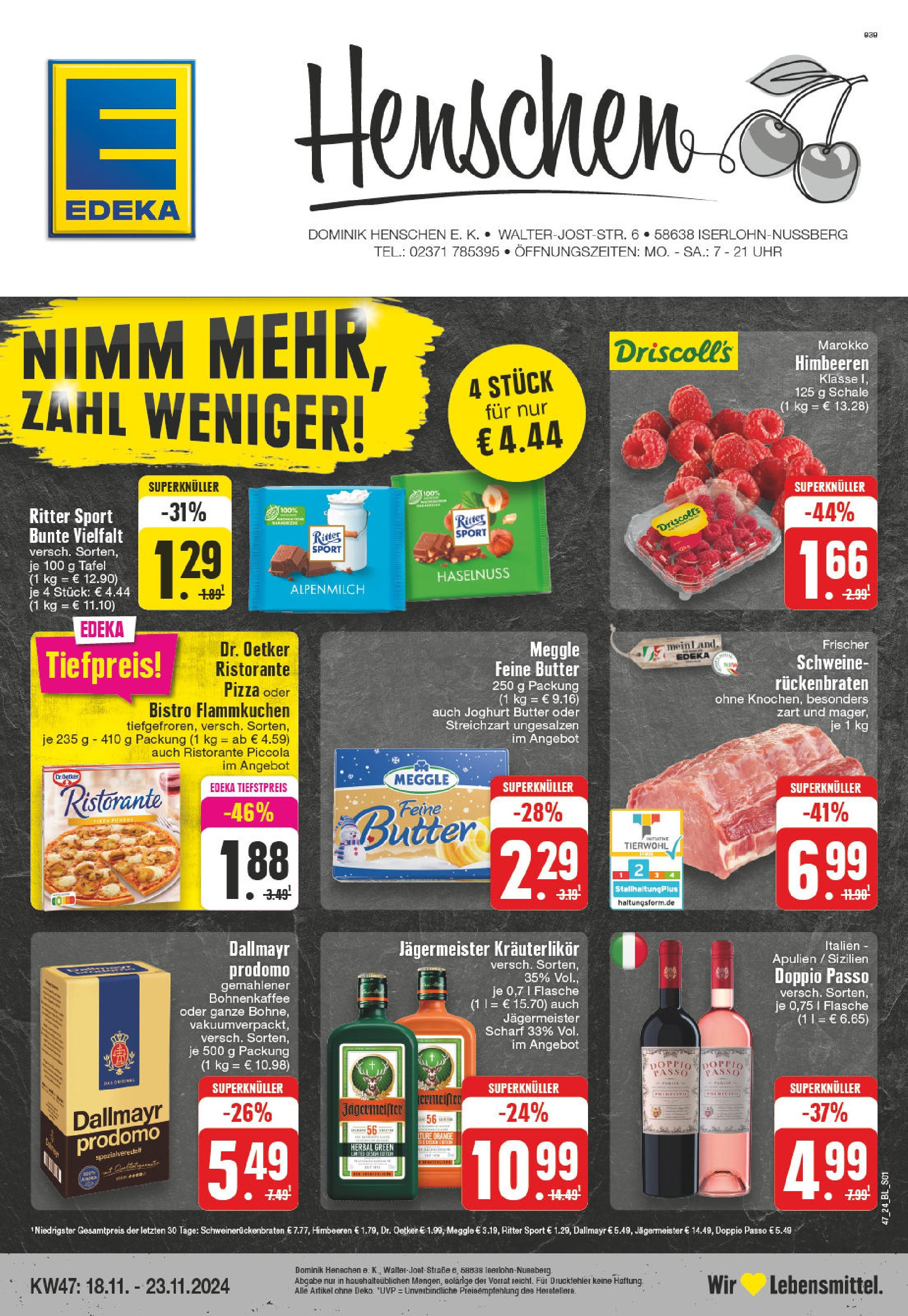 Edeka - EDEKA: Wochenangebote (ab 17.11.2024) » Angebote Online | Seite: 1 | Produkte: Himbeeren, Jägermeister, Doppio Passo, Uhr