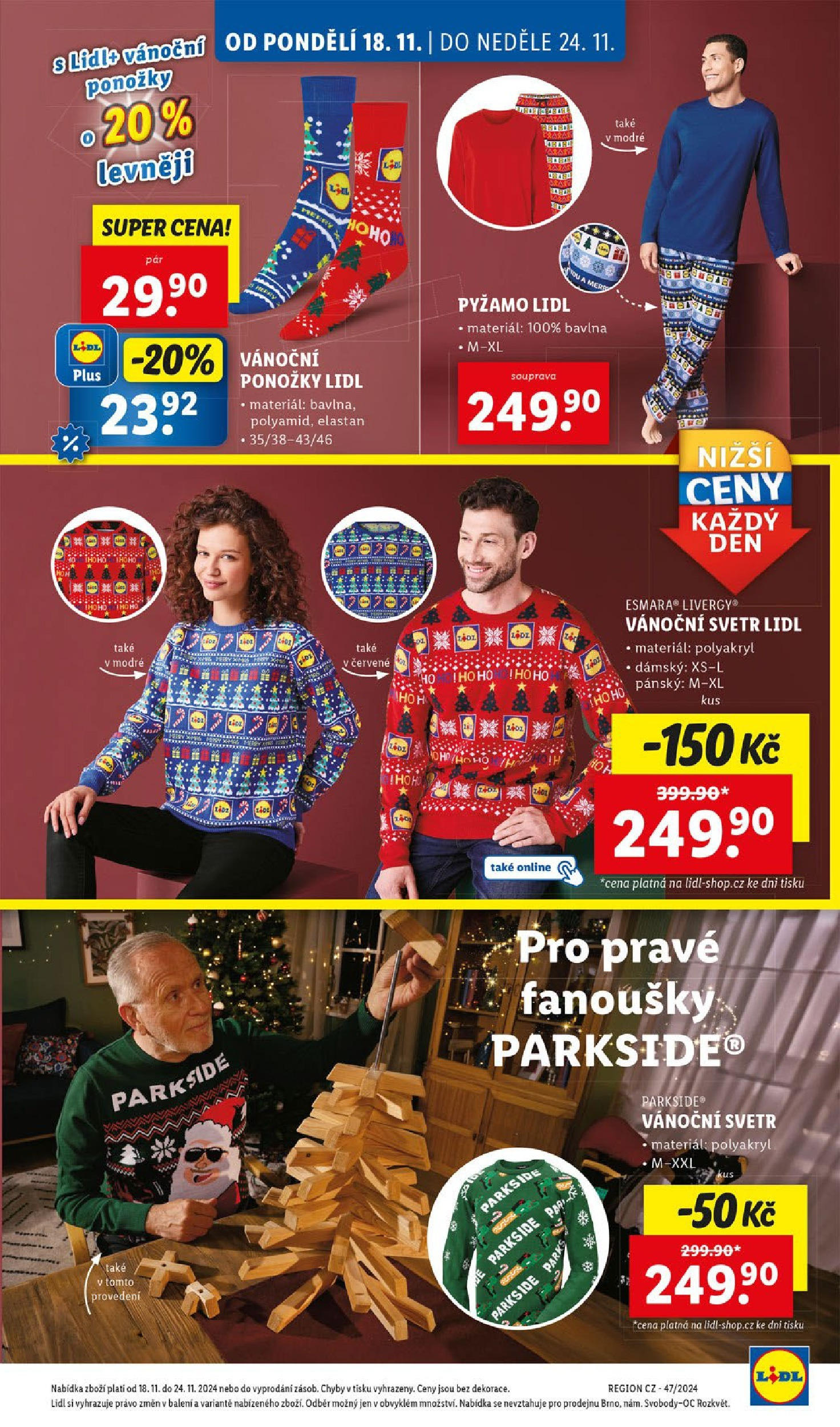 Lidl leták od 18.11.2024 - Nový akční leták | Strana: 47 | Produkty: Ponožky, Pyžamo, Parkside, Vánoční svetr